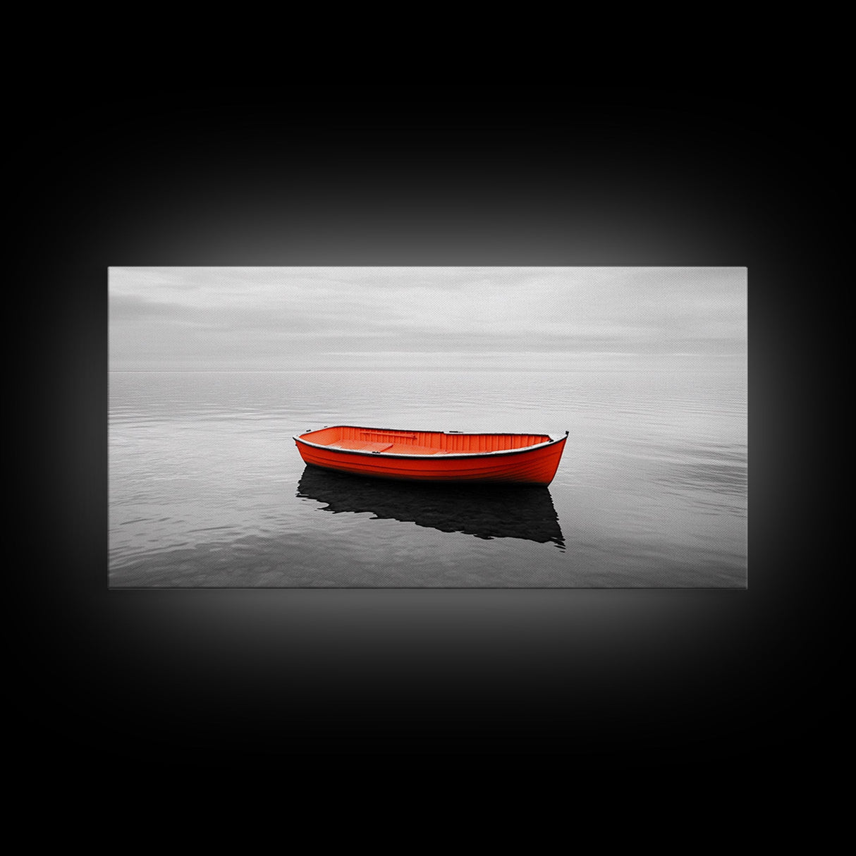 Lone Red Boat, coastal wall art, seascape painting, nautical decor, minimalist art, black and white photography, above couch art, Framed Canvas Print
