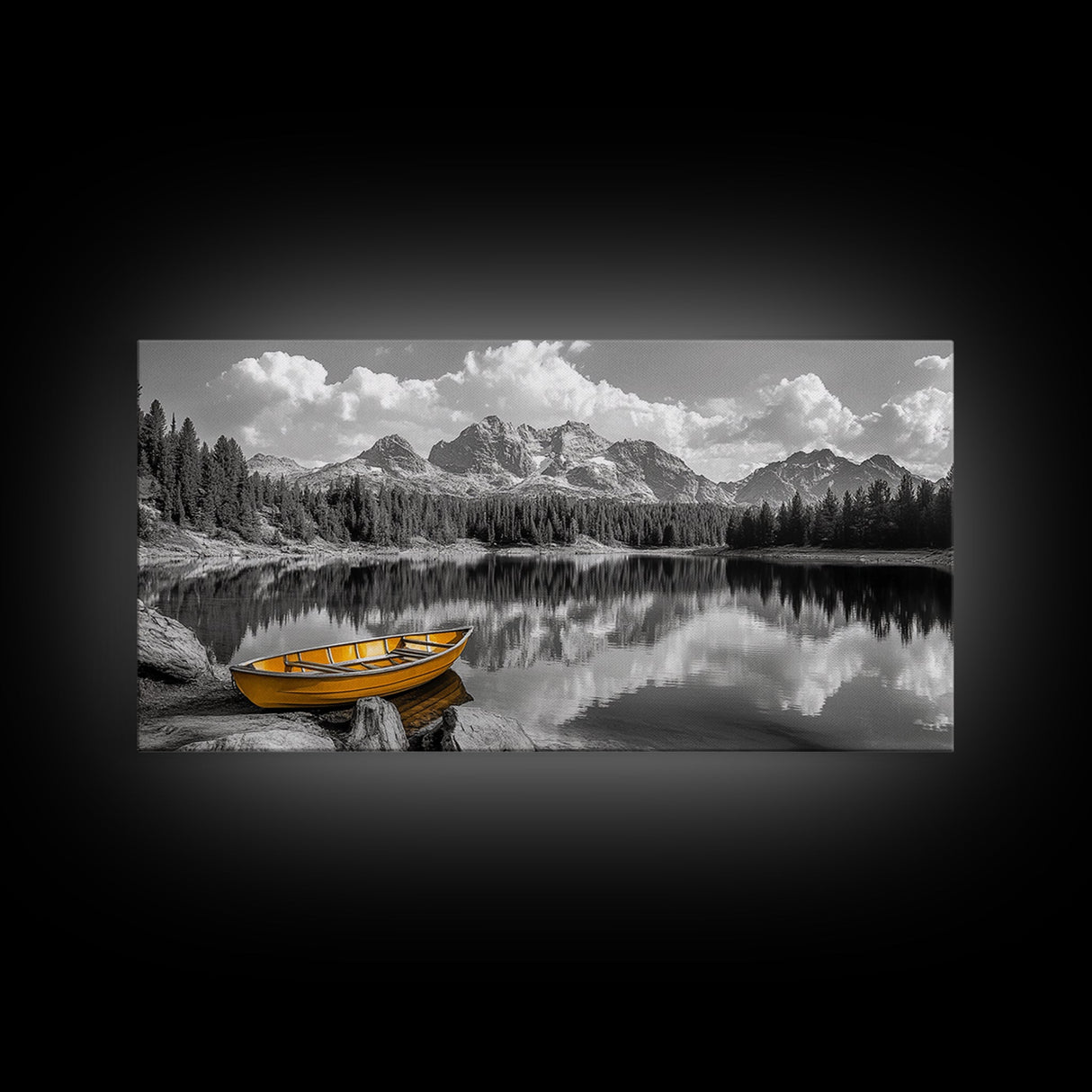 Mountain Lake with Boat, nautical wall art, lake Tahoe art, coastal decor, rustic wall art, extra wide art, seascape painting, Canvas Print