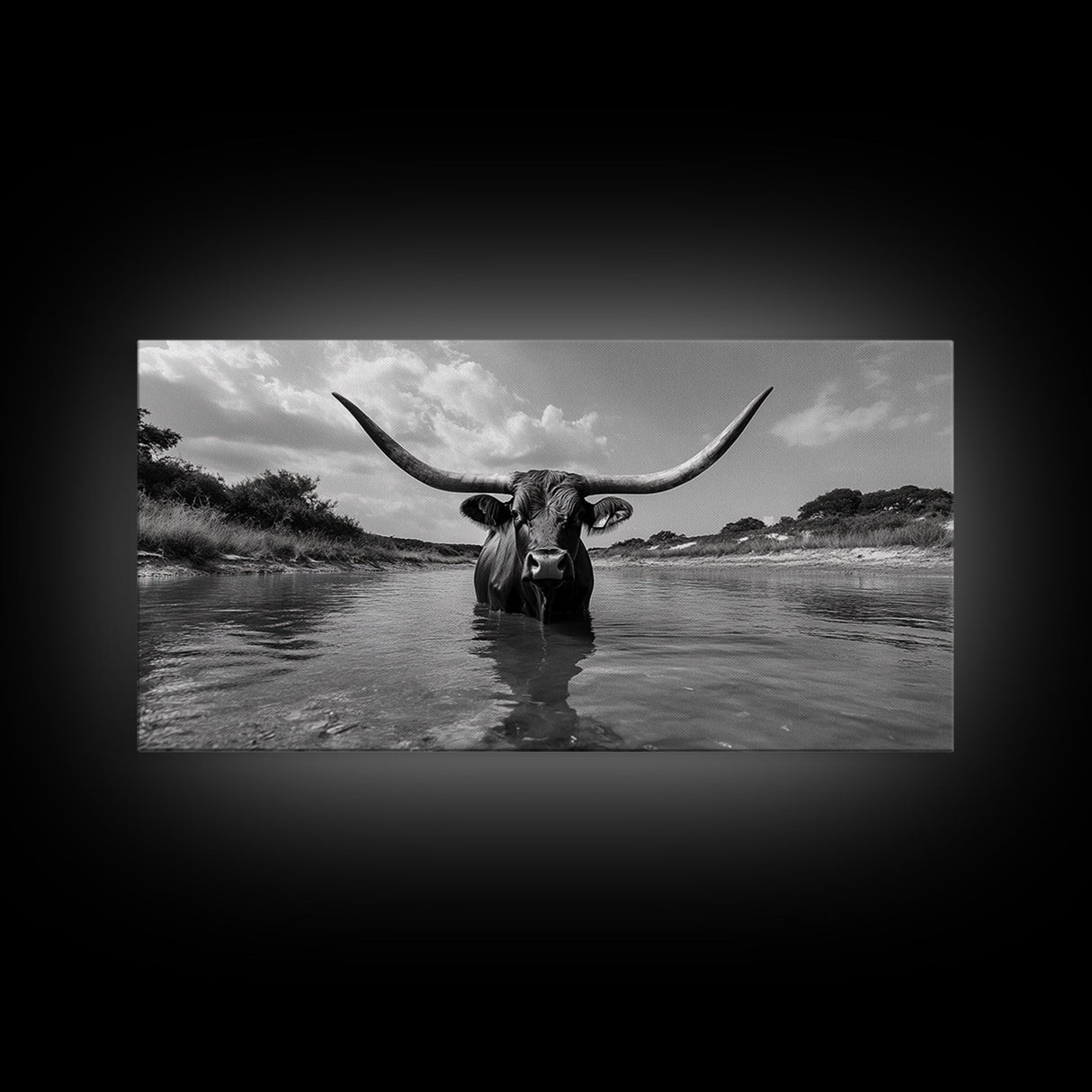 Longhorn in Water, rustic art, western decor, bull and bear art, cowboy wall art, farmhouse art, panoramic art, Framed Canvas Print