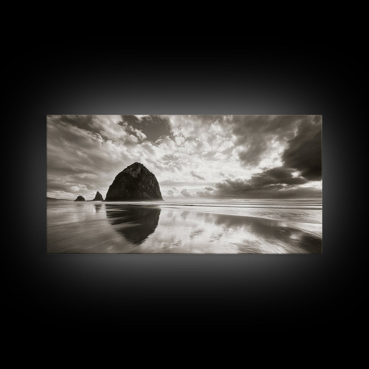 Coastal, seascape, moody art, ocean view, nautical wall art, panoramic painting, extra wide art, above bed wall art, framed canvas print
