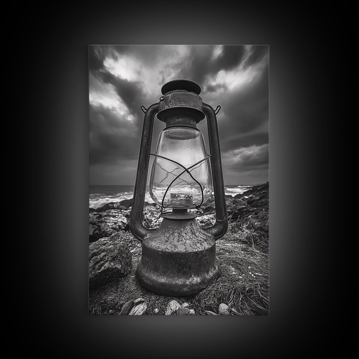 Stormy Lantern by the Sea, nautical decor, moody art, seascape painting, coastal painting, rustic wall art, framed canvas print