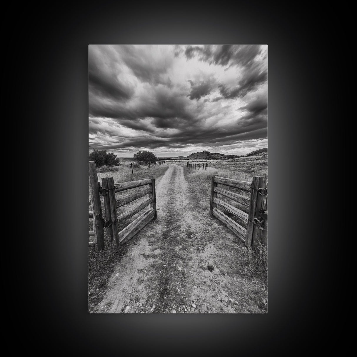 Open Ranch Gate, southwest wall art, moody art, western home decor, rustic art, farmhouse painting, framed canvas print, cowboy aesthetic