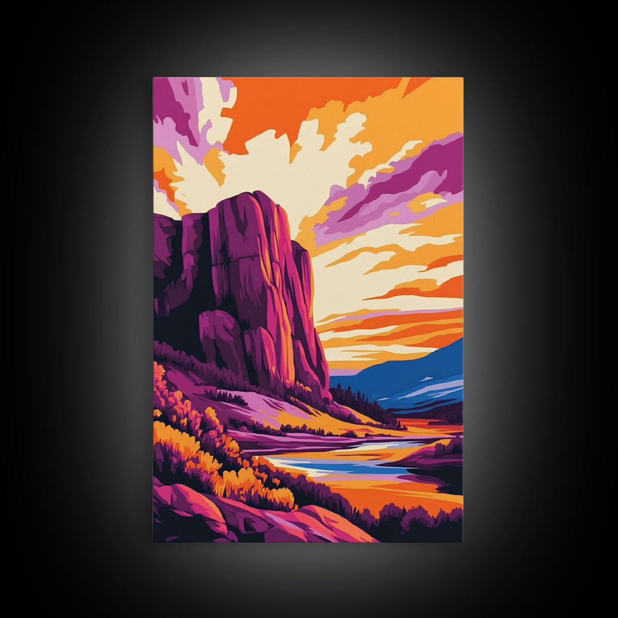 Mountain Painting, Bold Landscape Art, Orange Purple Wall Decor, Southwest Wall Art, Framed Canvas Print, Nature Inspired Artwork