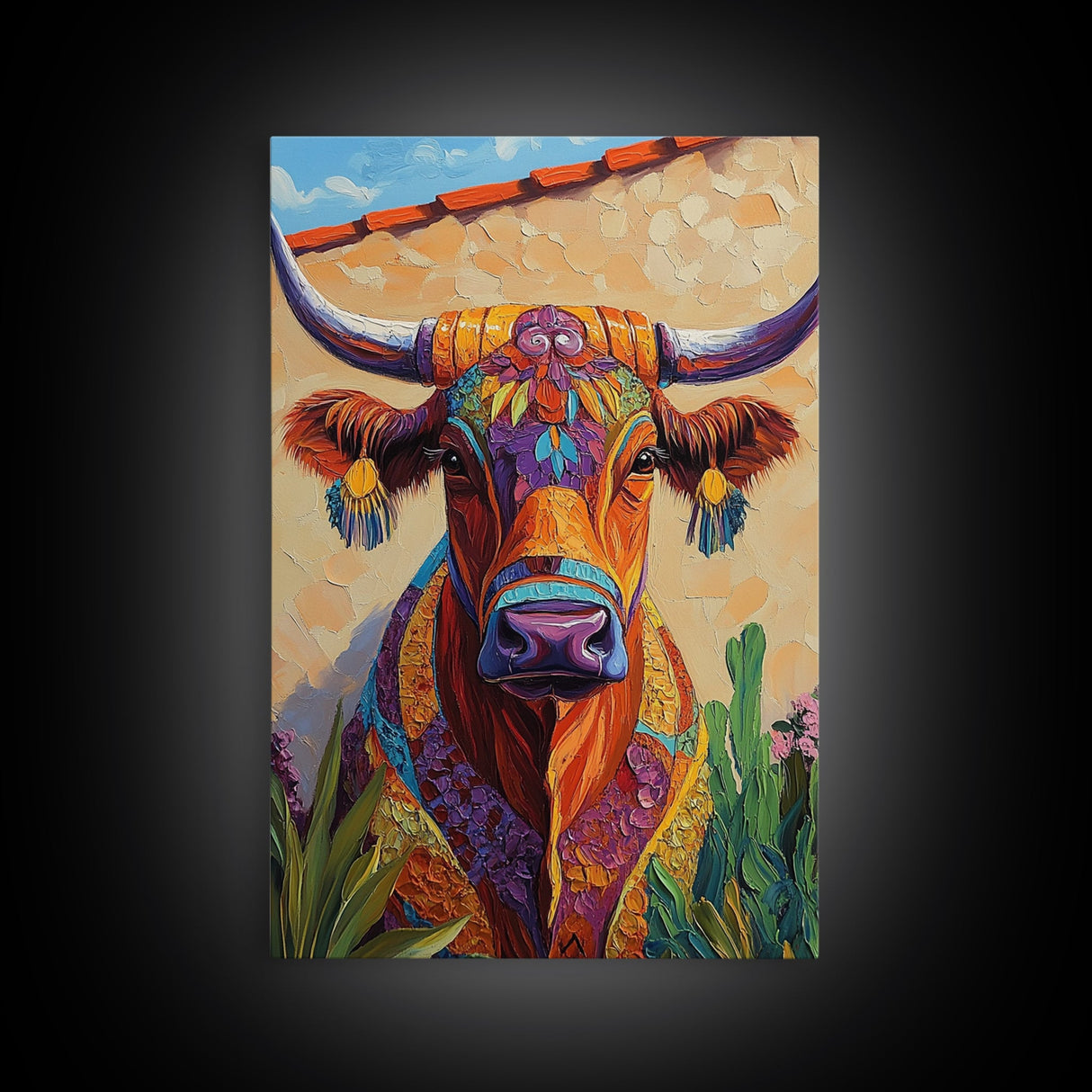 Colorful Bull, Mosaic Wall Art, Chicano Art, Southwest Wall Art, Canvas Print, Farmhouse Art, Rustic Decor, Gift Idea, Boho Art
