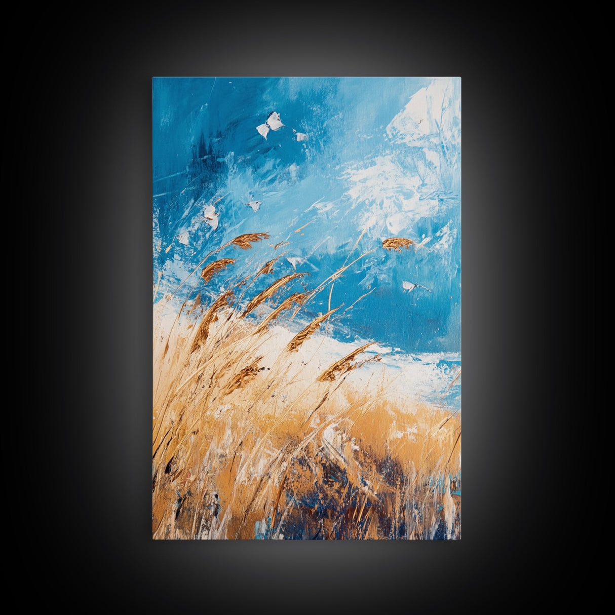 Wheat Field, blue sky, golden harvest, windy landscape, nature wall art, rustic decor, framed canvas print, farmhouse wall art