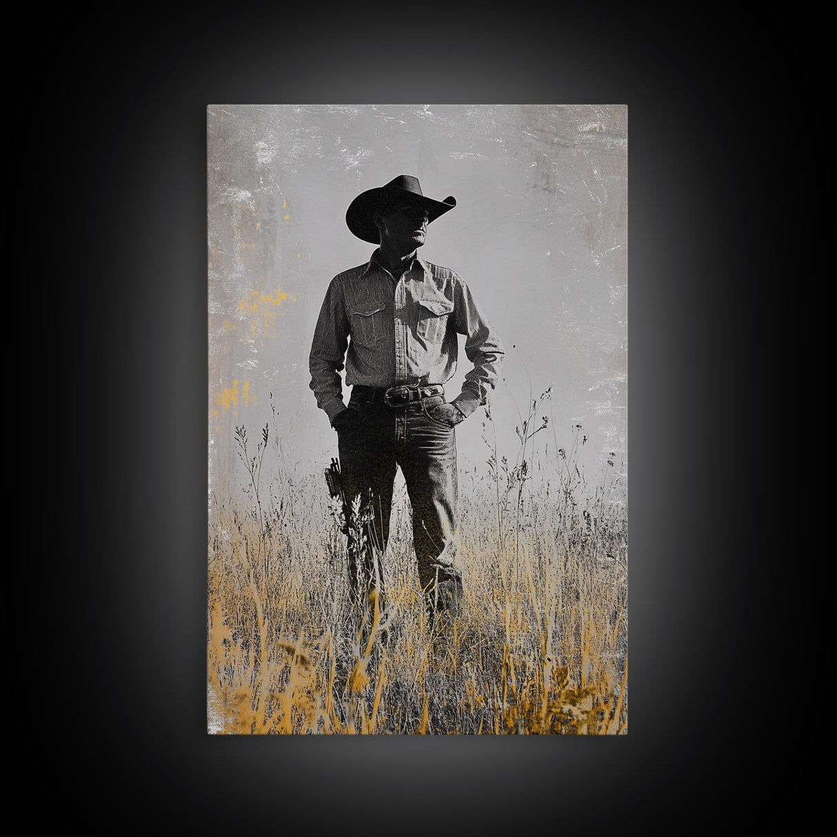 Lone Cowboy, Rustic Art, Western Wall Art, Wabi Sabi Art, Vintage Horse Art, Moody Art, Canvas Print, Framed Cowboy Painting