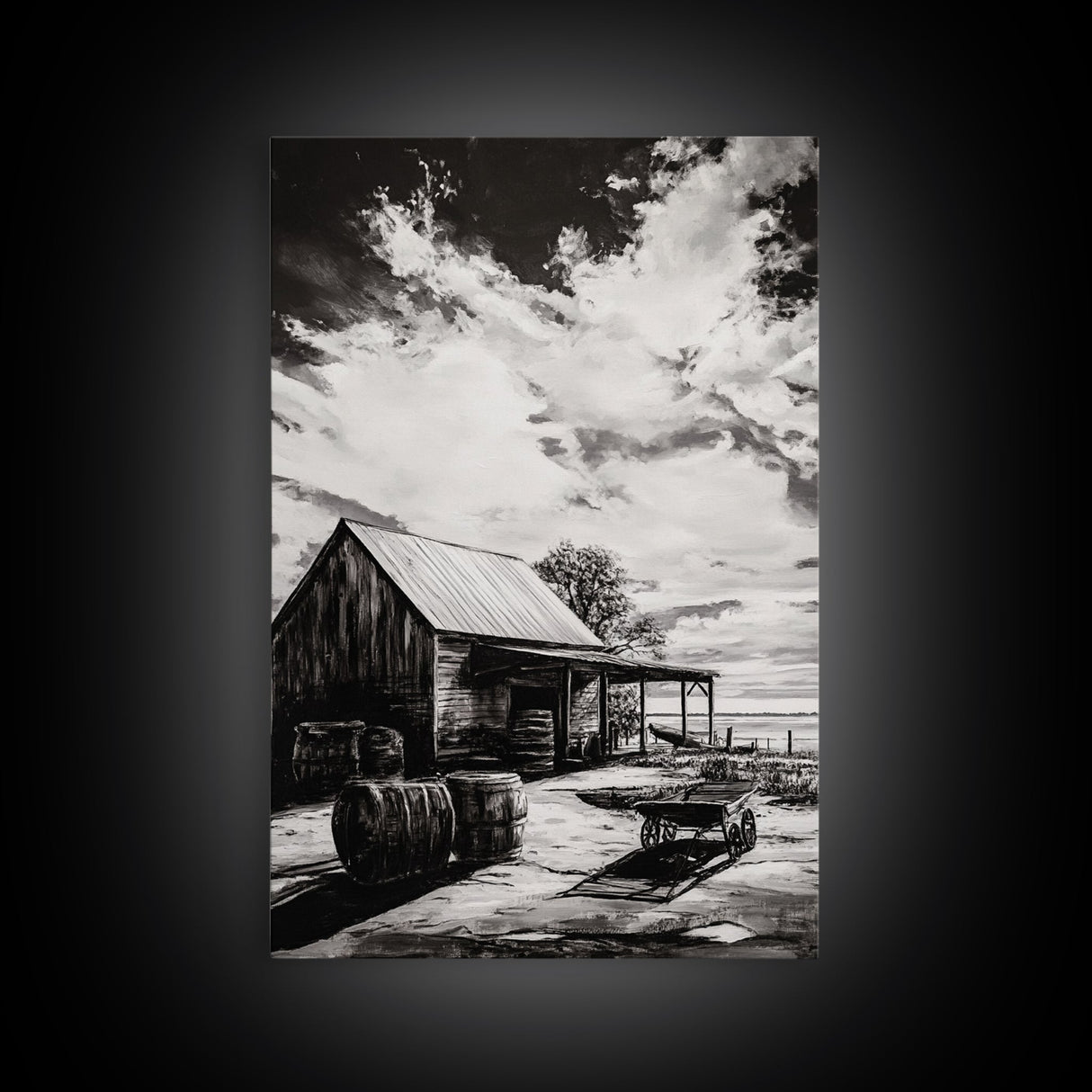 Vintage Barn, Rustic Landscape, Canvas Print, farmhouse art, rustic wall art, barn landscape oil painting, moody art, above couch art, wabi sabi art