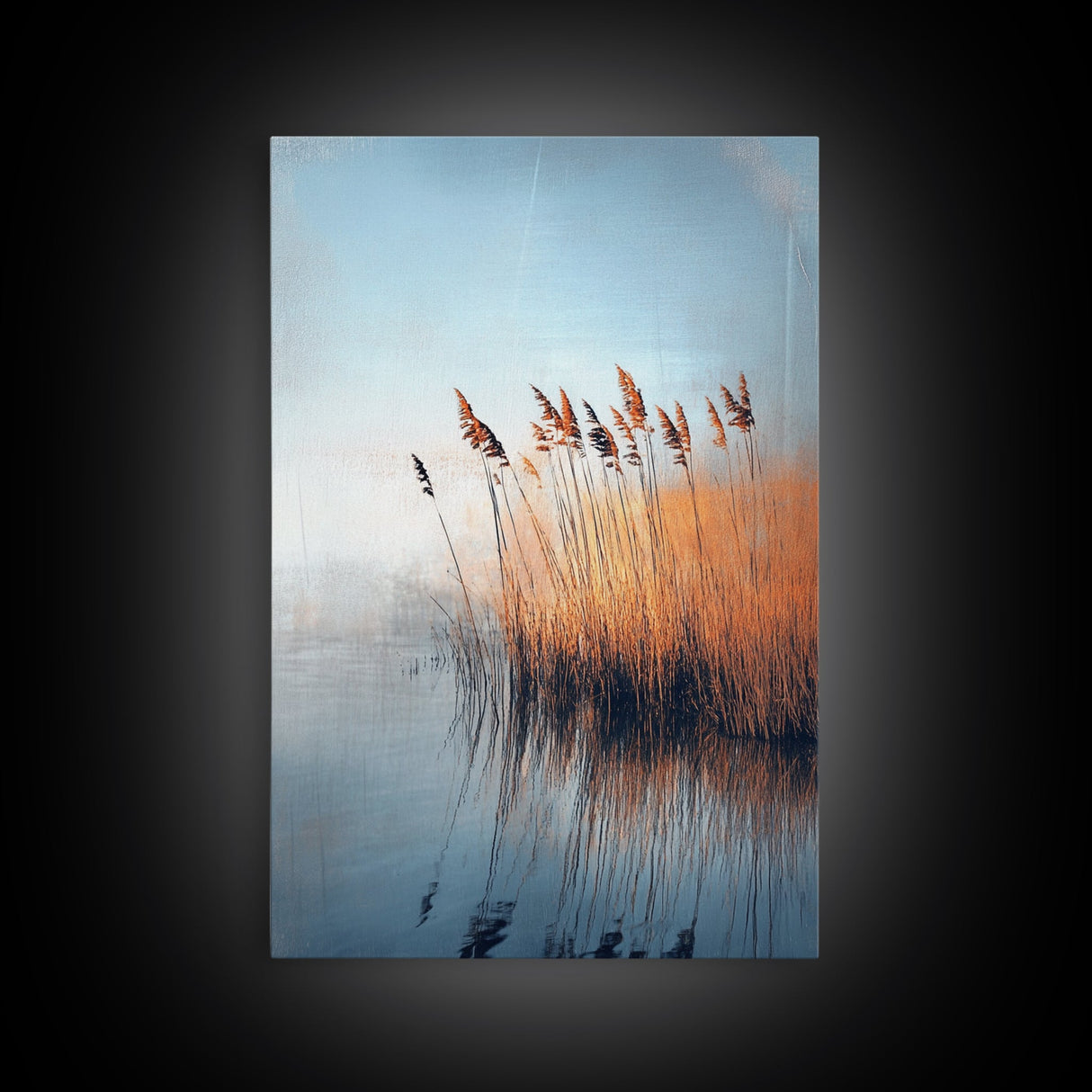 Lake Reeds Reflection, wabi sabi art, minimalist art, coastal decor, coastal landscape art, nautical painting, Framed Canvas Print