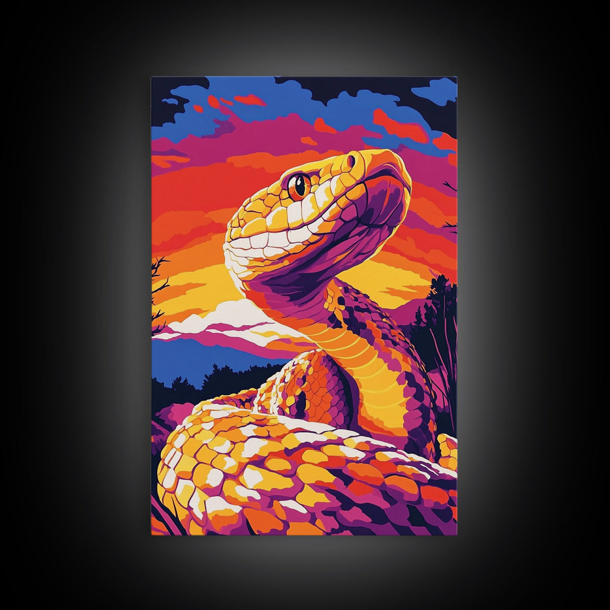 Rattlesnake Sunset, Bold Snake Art, Vibrant Southwest Decor, Wildlife Art, Nature Painting, Canvas Print, Living Room Art