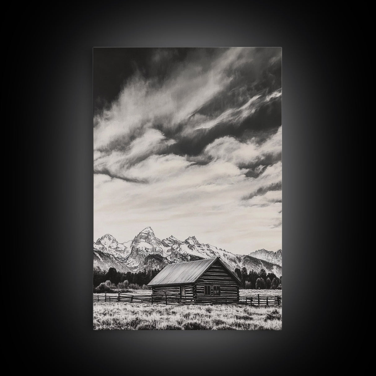 Rustic Cabin, Smoky Mountain Art, Black and White Landscape, Western Wall Art, Wabi Sabi Art, Farmhouse Decor, Canvas Print