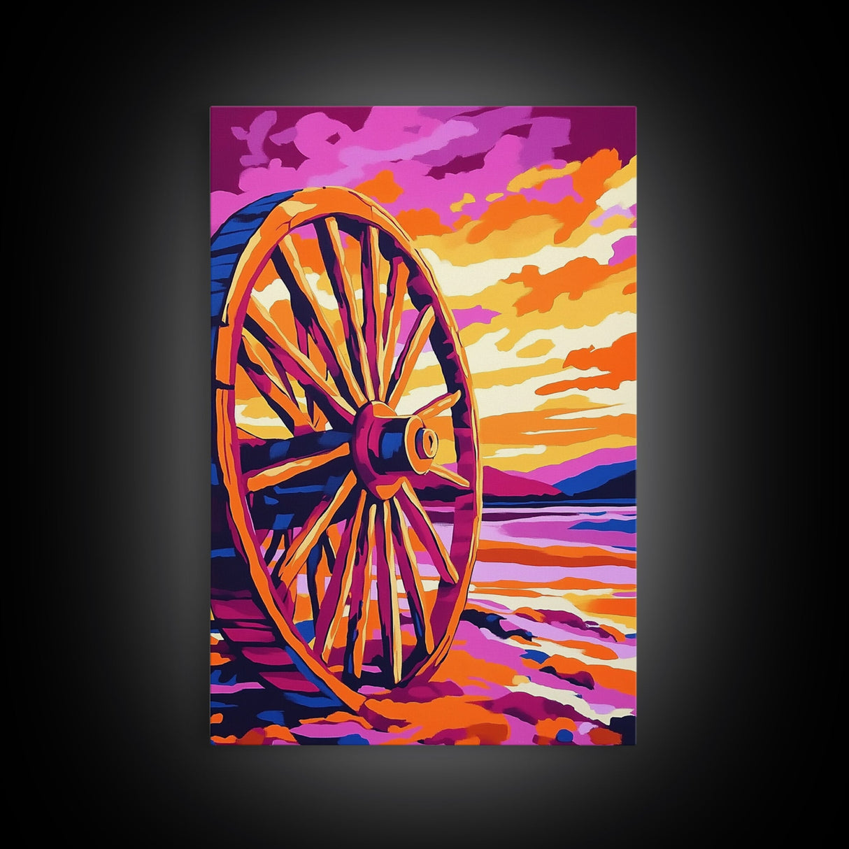 Sunset Wagon Wheel, Bold Color Painting, Southwest Wall Art, Framed Canvas Print, Rustic Decor, Western Aesthetic, Extra Wide Art, Gift Idea
