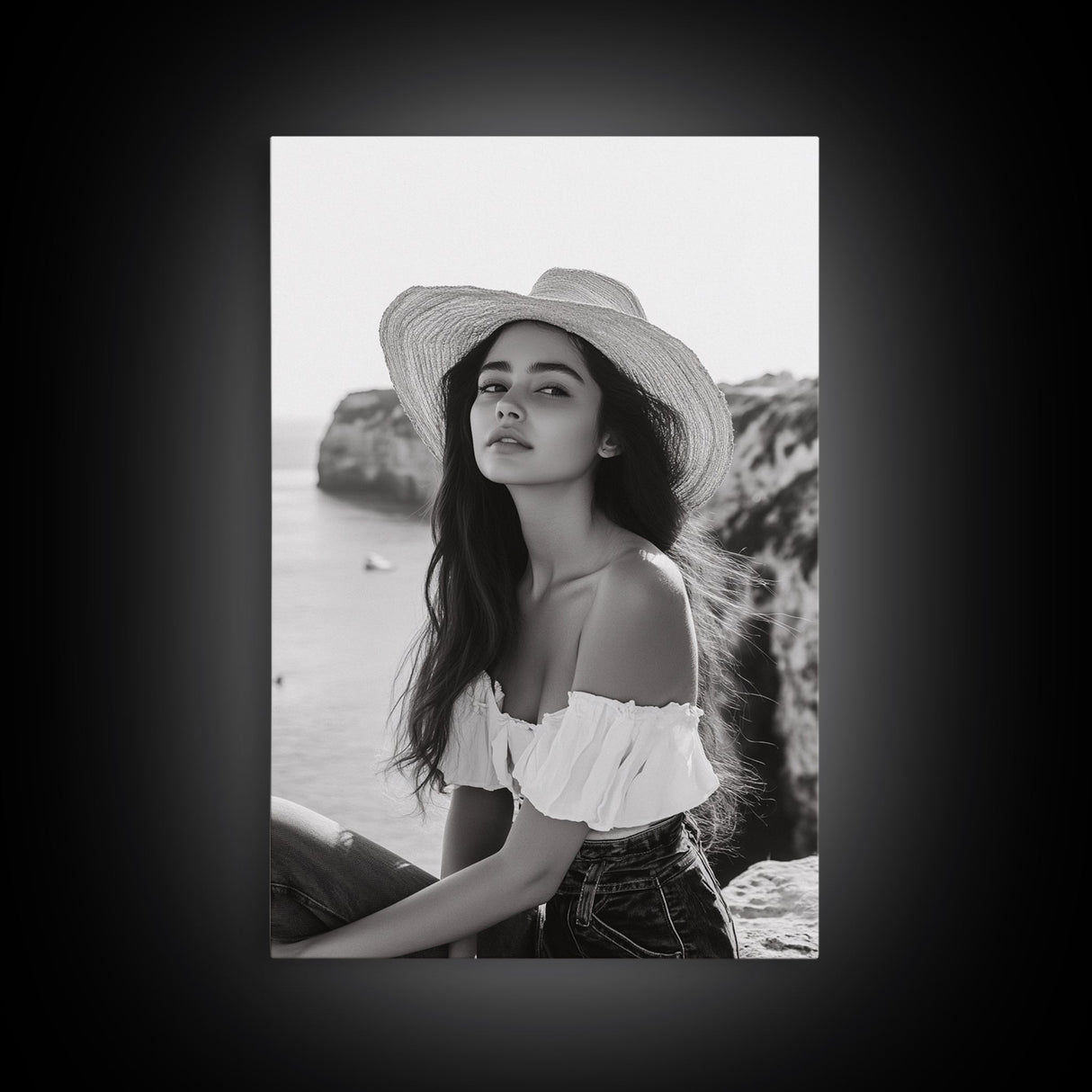 Coastal cowgirl wall art, boho art, framed canvas print, ocean photography, rustic decor, beach aesthetic, seascape painting, black and white art