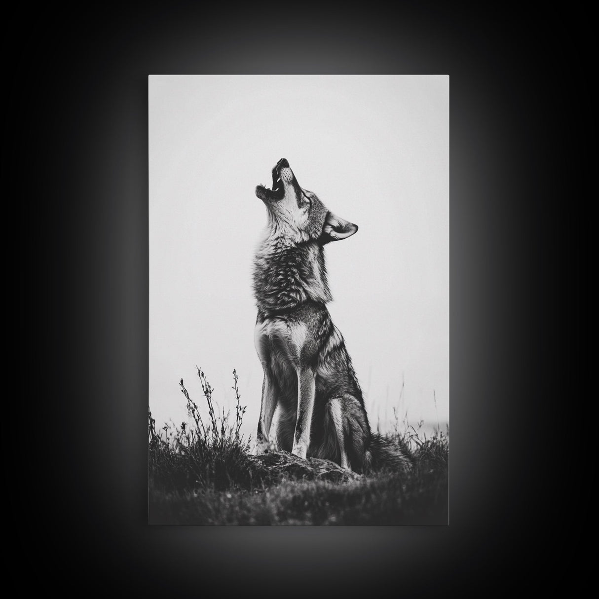 Howling Wolf, wildlife art, moody art, rustic decor, nature photography, black and white animal print, framed canvas print, minimalist art