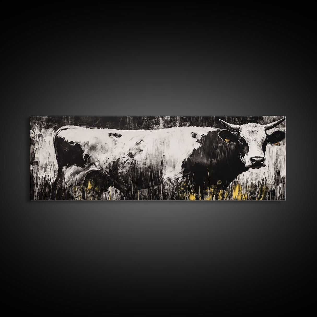 Black and White Cow, farmhouse art, rustic wall art, extra wide art, wabi sabi art, vintage horse art, Canvas Print
