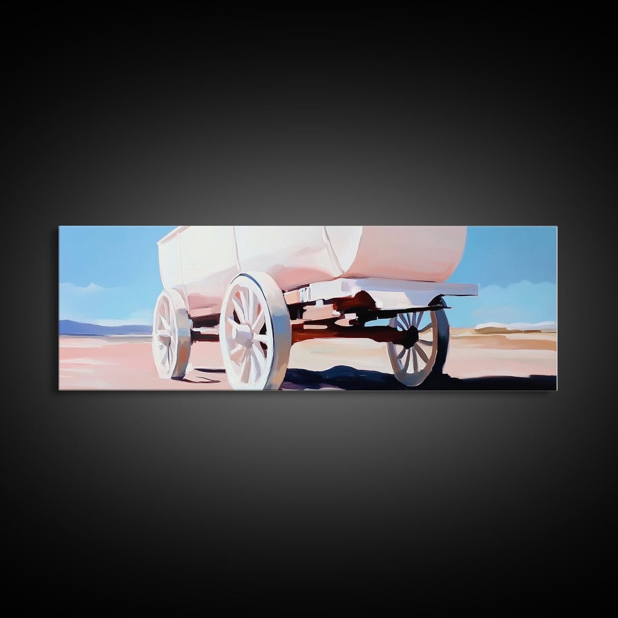 White Wagon, western painting, rustic art, farmhouse wall art, above couch art, cowboy decor, panoramic painting, canvas print, extra wide art