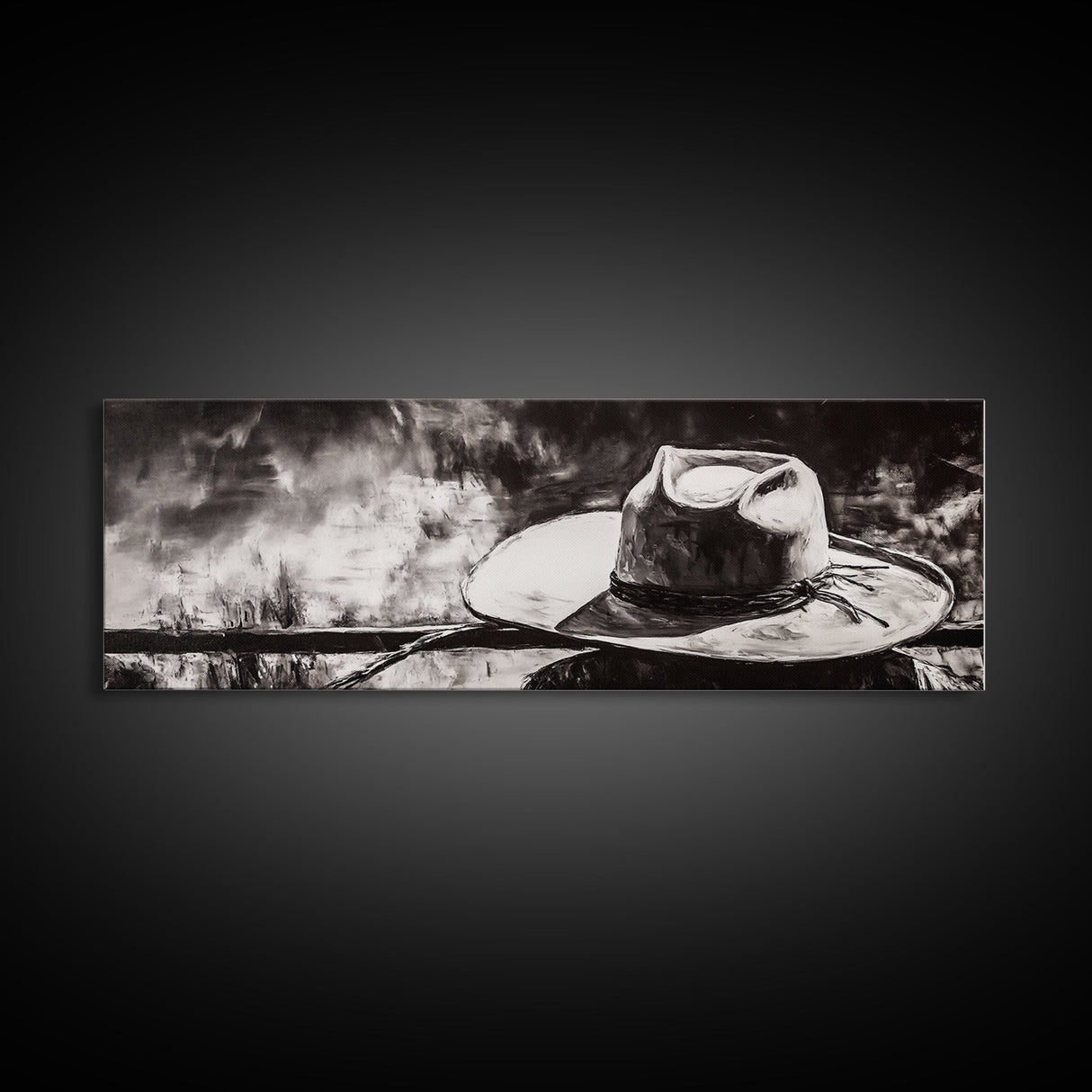 Western Hat Art, Black and White Art, Framed Canvas Print, Rustic Wall Art, Wabi Sabi Art, Extra Wide Art, Minimalist Art