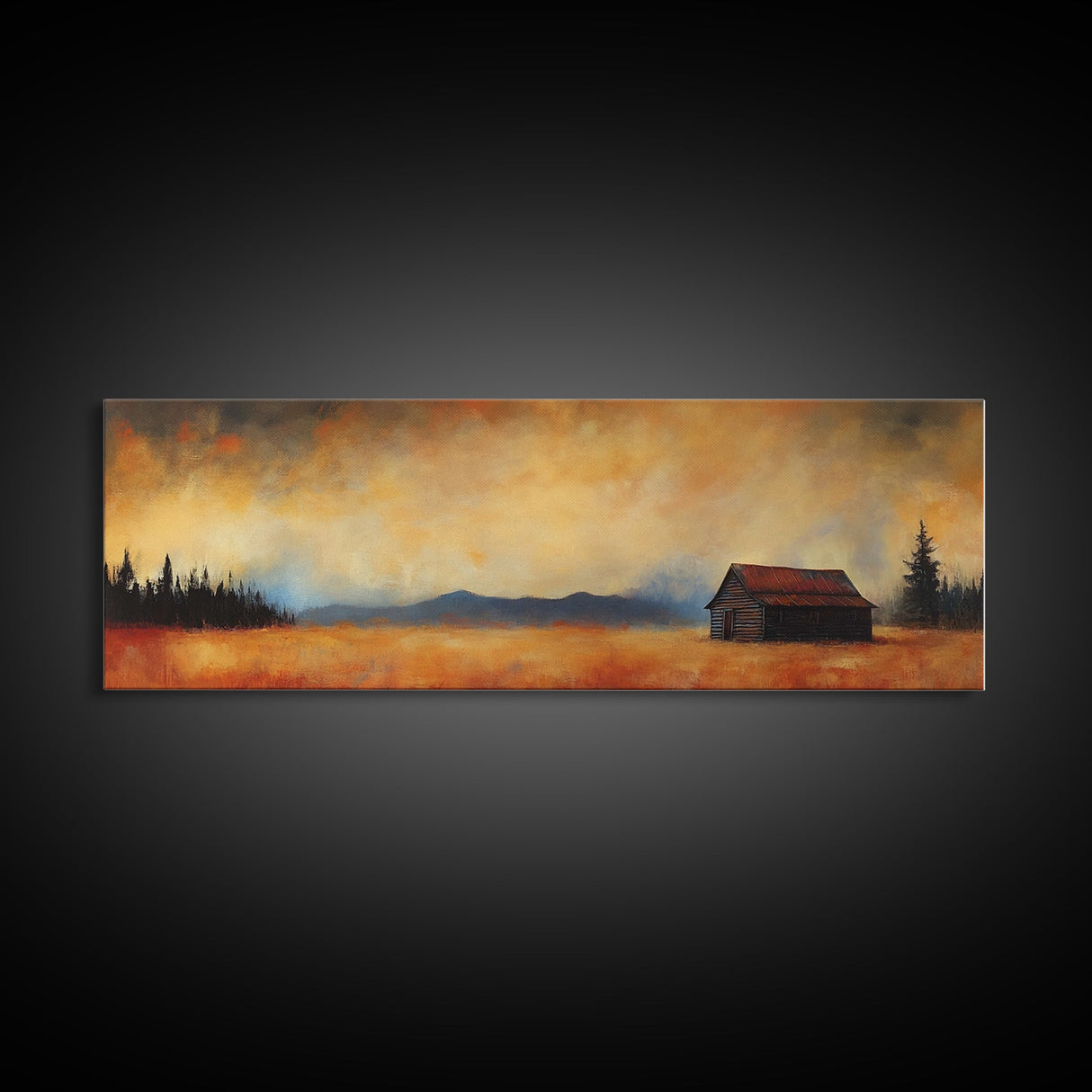 Rustic Wall Art, Framed Canvas Print, Barn Landscape Oil Painting, Moody Art, Extra Wide Art, Fall Decor, Living Room Art, Above Couch Art