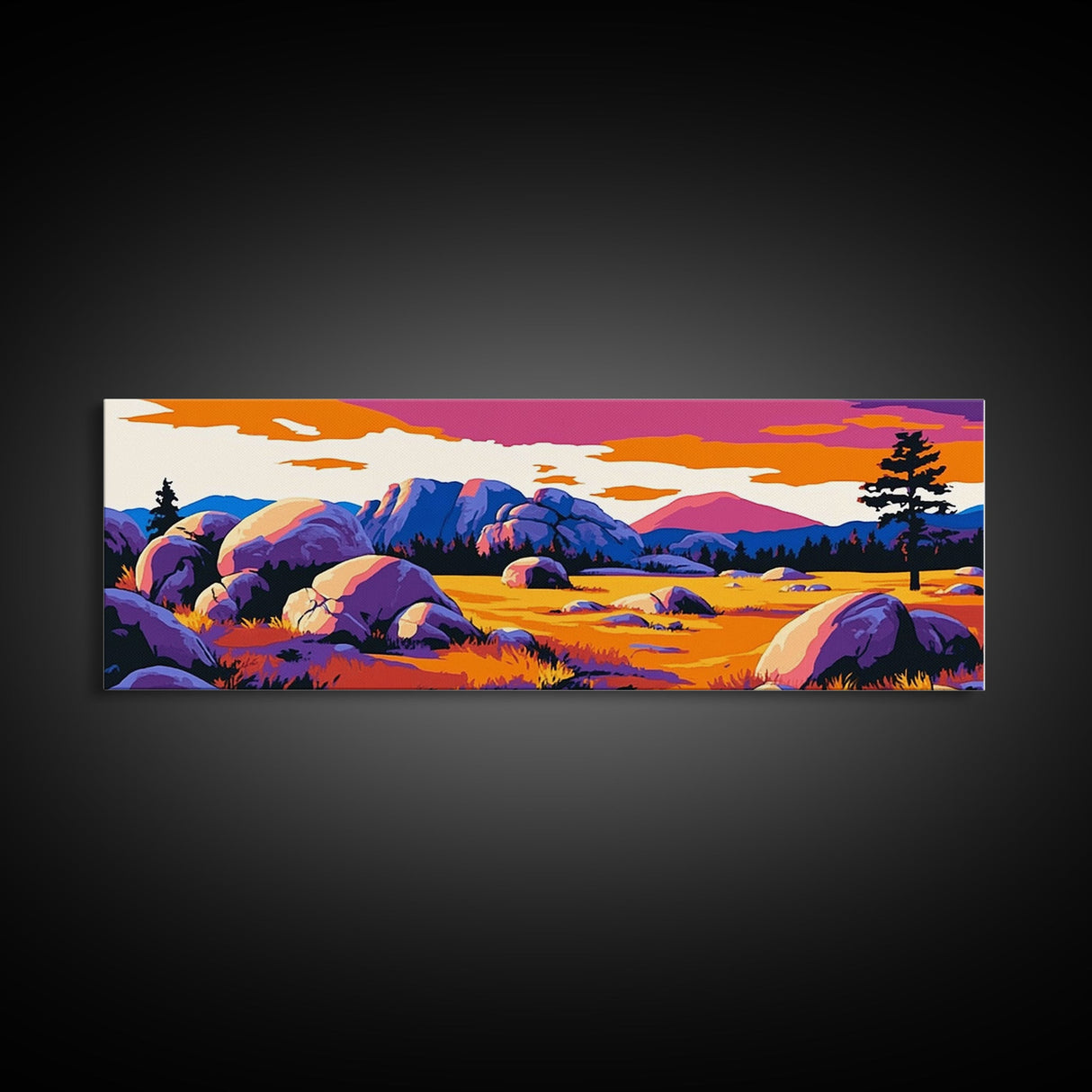 Southwest landscape, sunset painting, Joshua tree art, pink orange wall art, extra wide art, rustic decor, framed canvas print