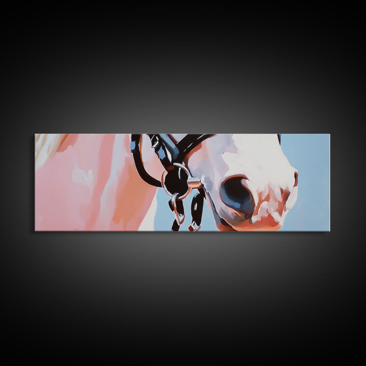 Horse close-up, minimalist art, pink abstract art, soft pastel, boho art, extra wide art, framed canvas print, modern farmhouse decor