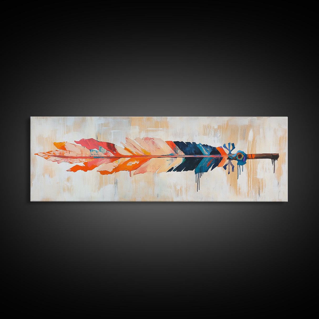 Colorful feather, native art, southwestern decor, rustic wall art, boho art, framed canvas print, extra wide art, tribal painting