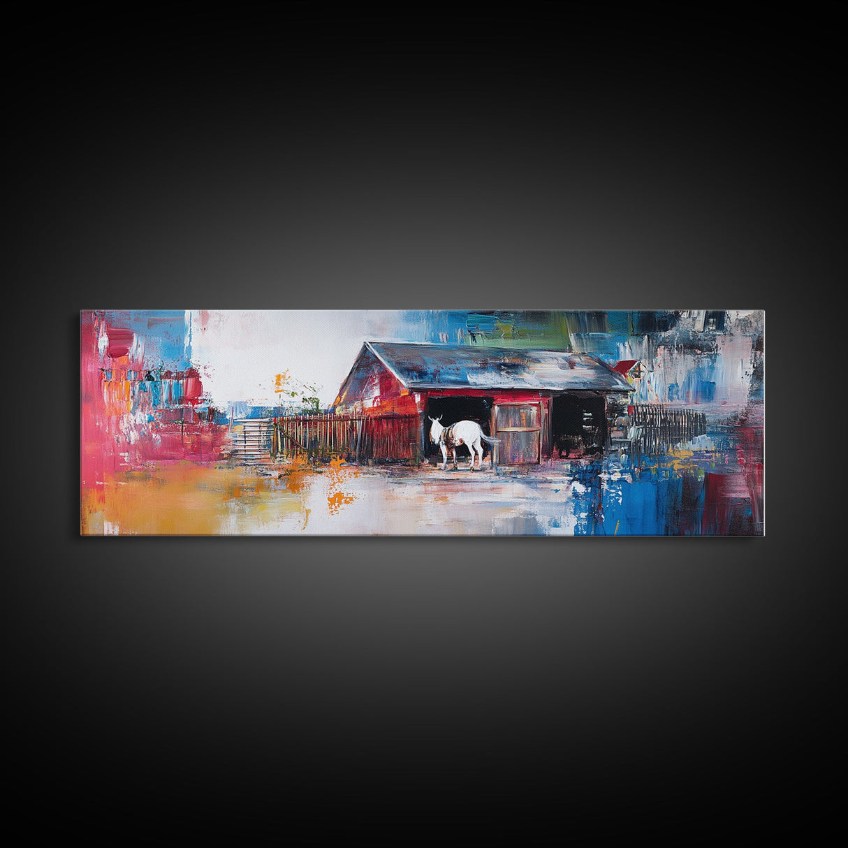 Abstract Barn, barn landscape oil painting, farmhouse art, rustic wall art, extra wide art, framed canvas print, colorful decor