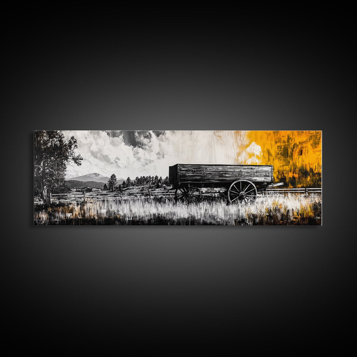 Vintage wooden wagon, rustic wall art, barn landscape oil painting, black and white art, extra wide art, framed canvas print, farmhouse art
