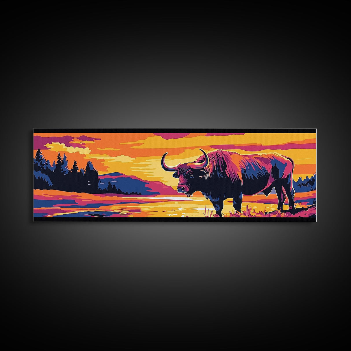 Buffalo painting, colorful animal art, rustic decor, extra wide art, framed canvas print, southwest wall art, landscape painting, wild west art