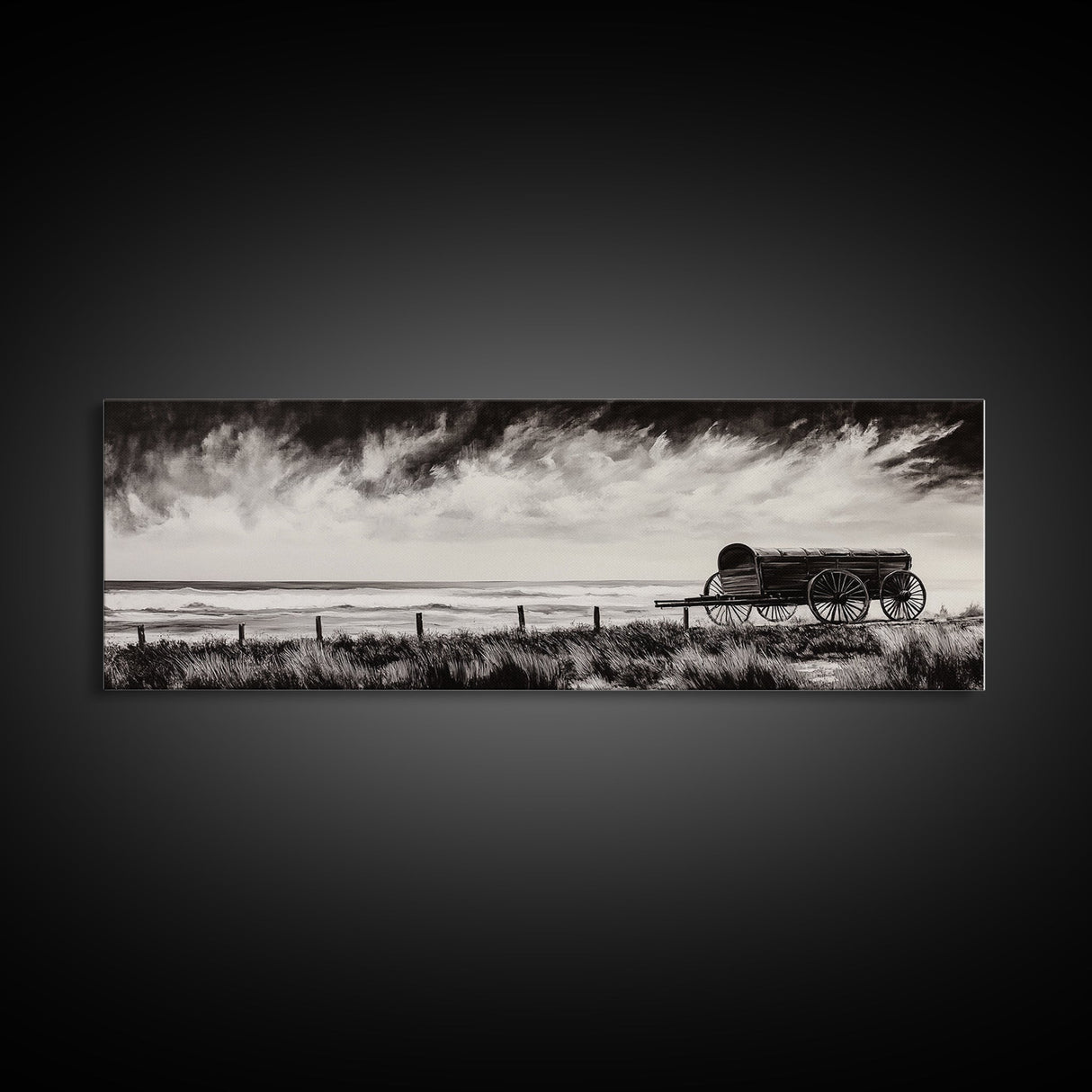 Stormy Wagon, black and white art, moody western painting, rustic decor, farmhouse wall art, extra wide panoramic art, framed canvas print.