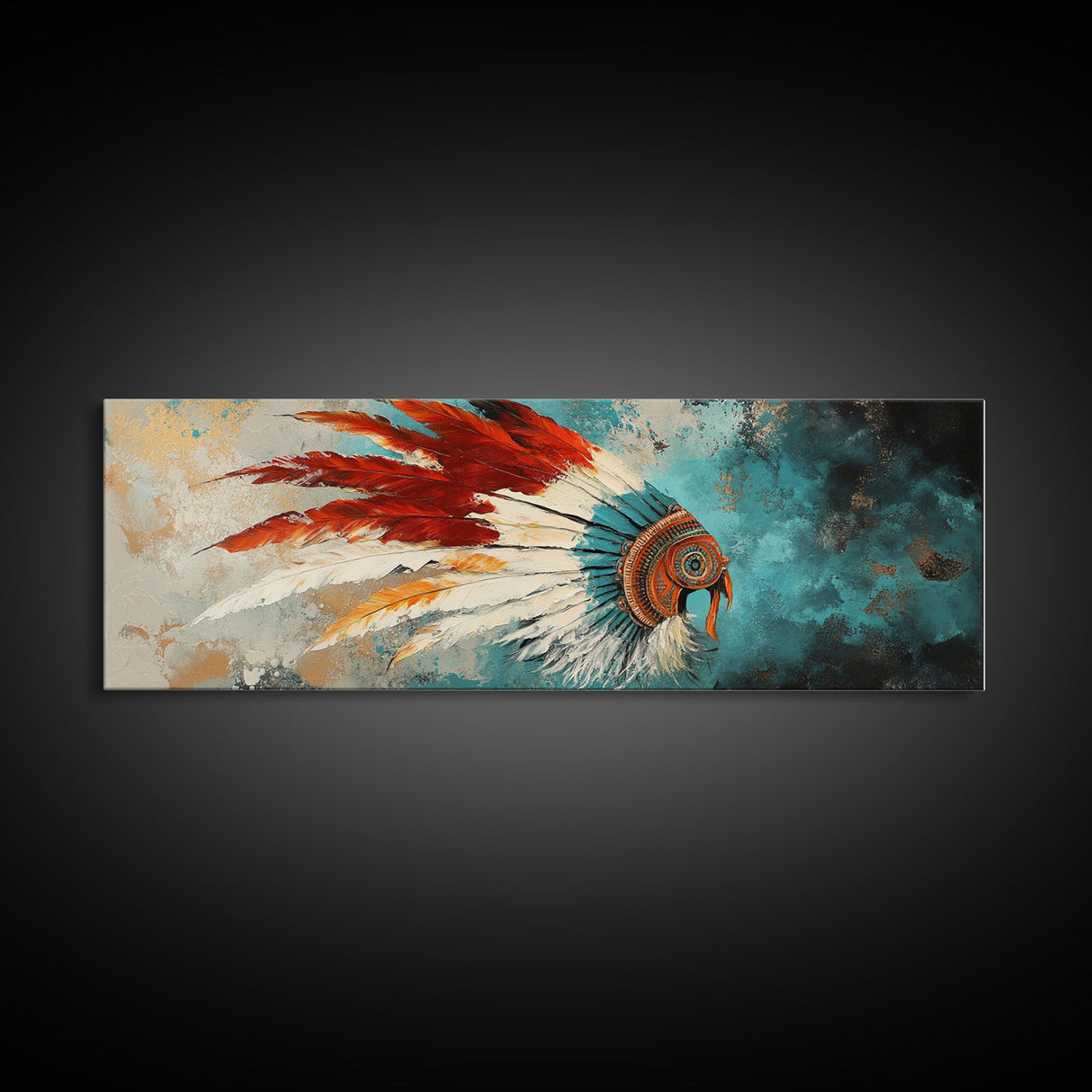 Native American Headdress, modern portrait, southwest wall art, moody art, framed canvas print, gift idea for her
