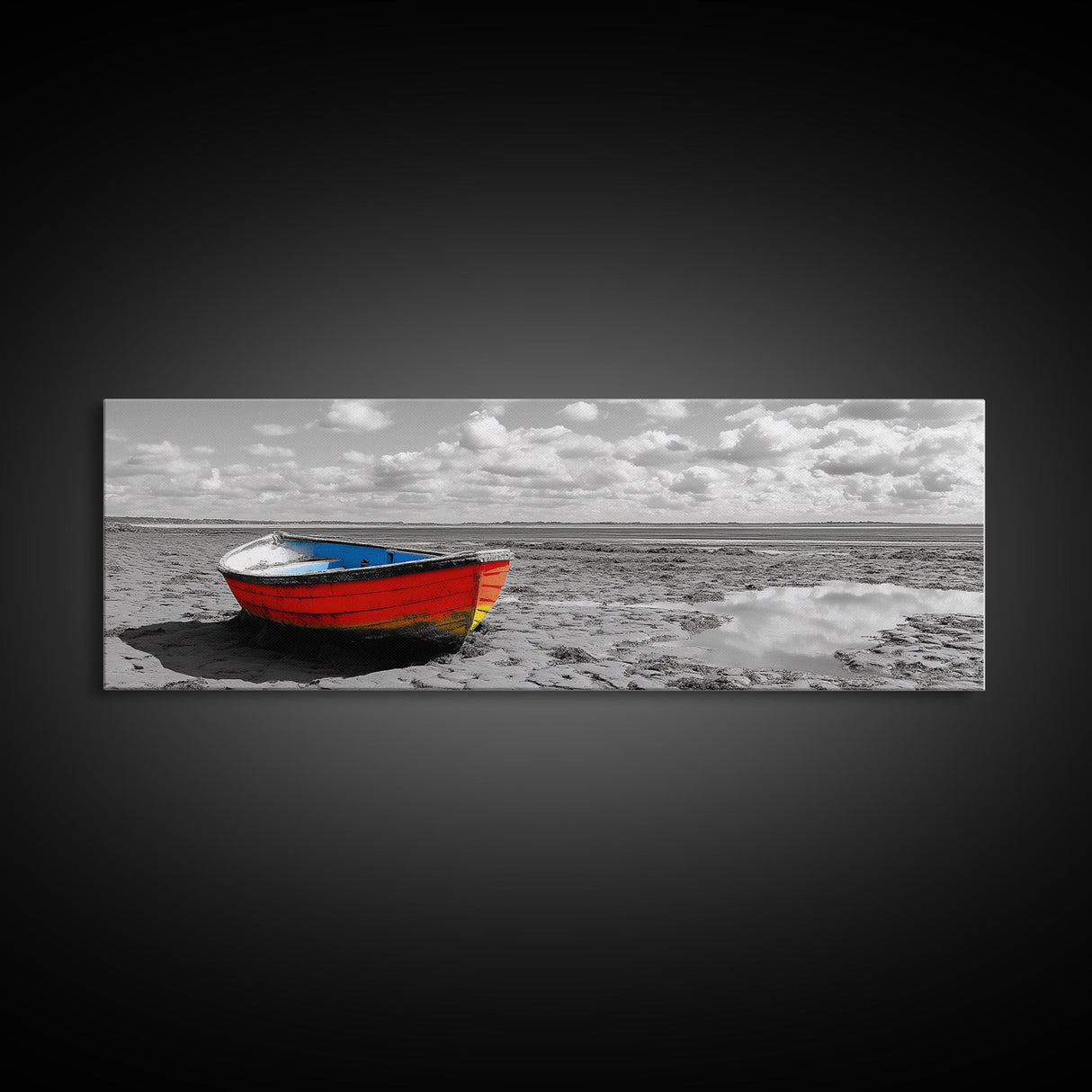 Stranded Boat, Coastal Landscape Art, Nautical Decor, Rustic Wall Art, Extra Wide Art, Panoramic Art, Framed Canvas Print, Gift Idea