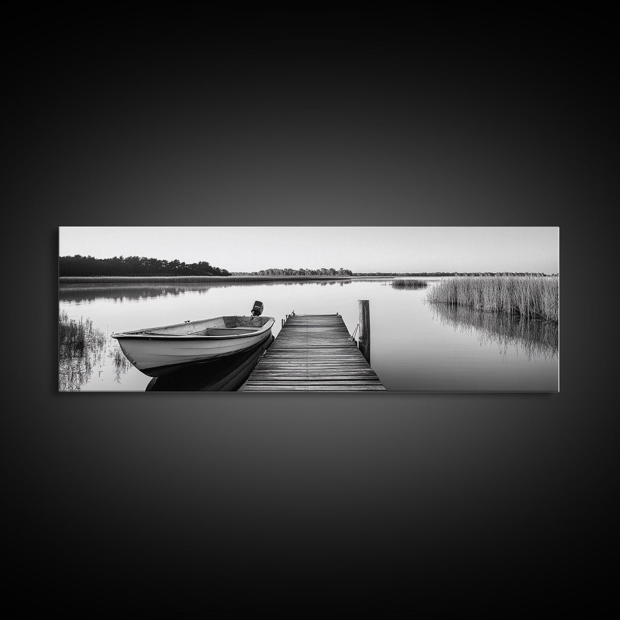 Boat On Dock, Nautical Wall Art, Framed Canvas Print, Coastal Landscape Art, Rustic Decor, Extra Wide Art, Minimalist Art, Bedroom Art