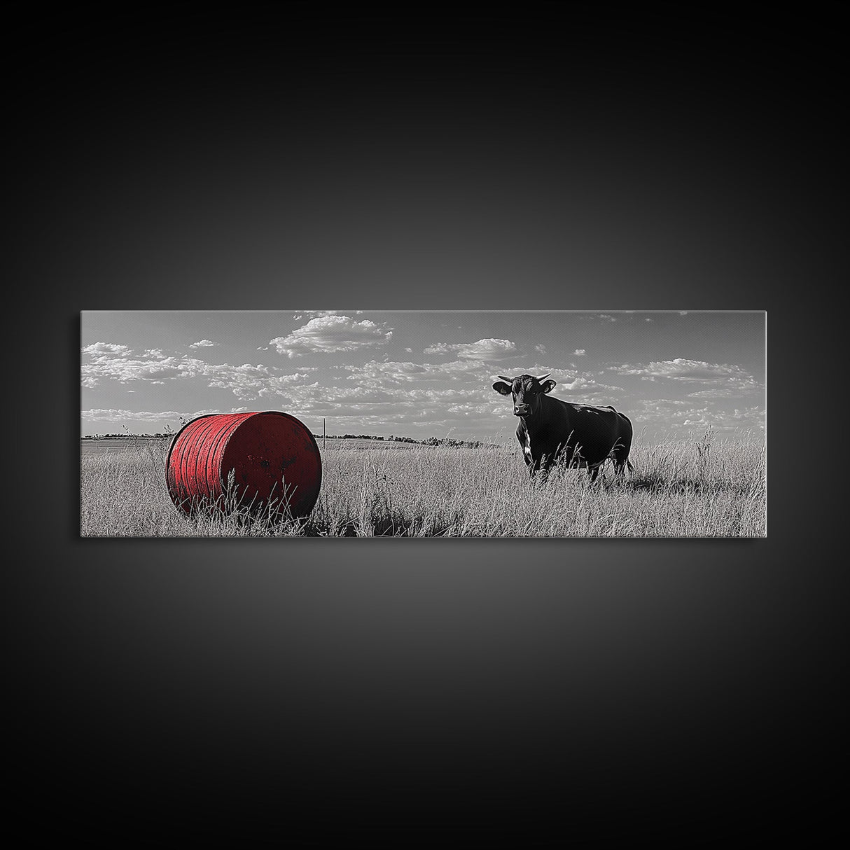 Black Cow, Farmhouse Art, Rustic Decor, Western Wall Art, Long Narrow Wall Art, Moody Art, Extra Wide Art, Framed Canvas Print
