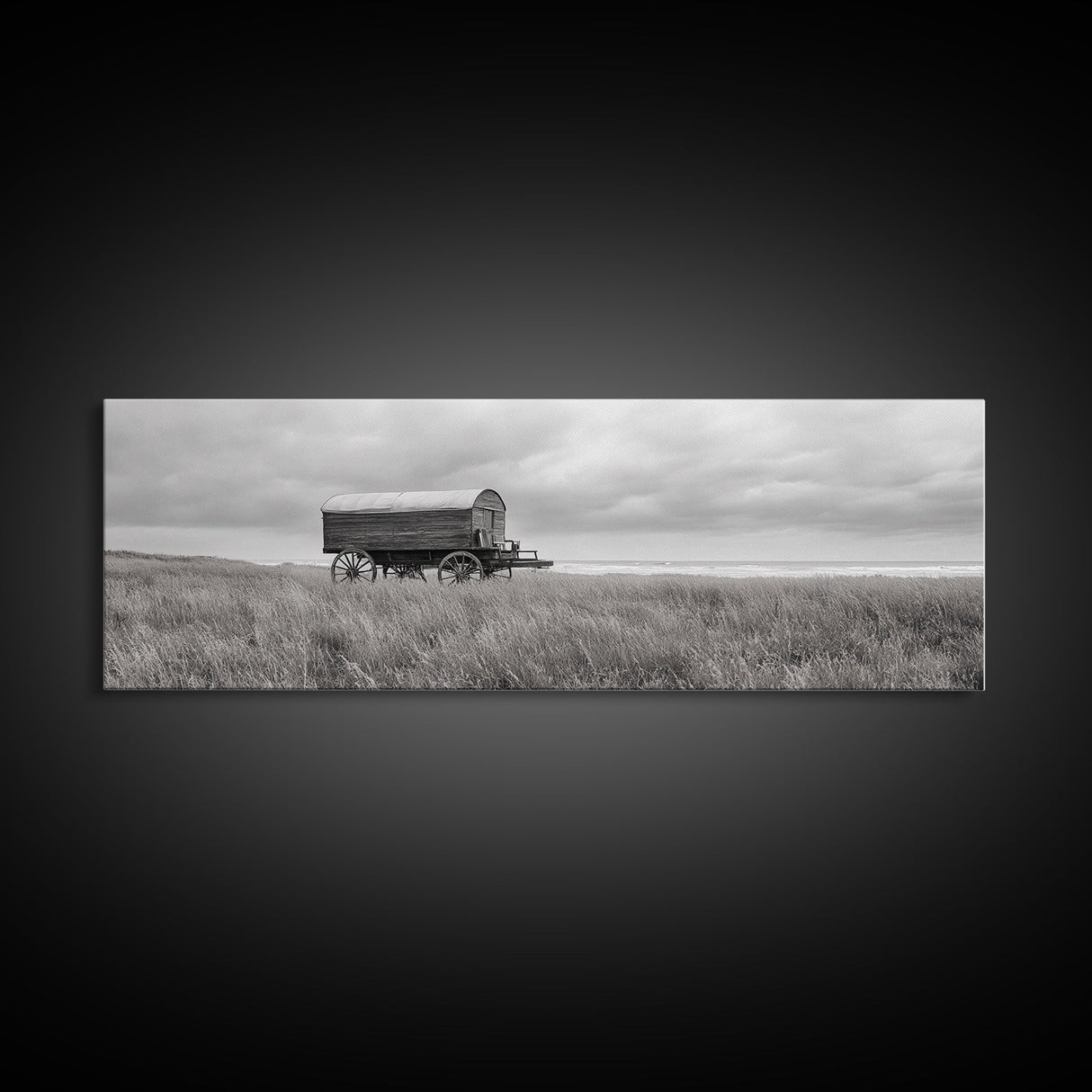 Coastal Wagon, Wabi Sabi Art, Canvas Print, Coastal Landscape Art, Rustic Wall Art, Extra Wide Art, Moody Art, Above Couch Art
