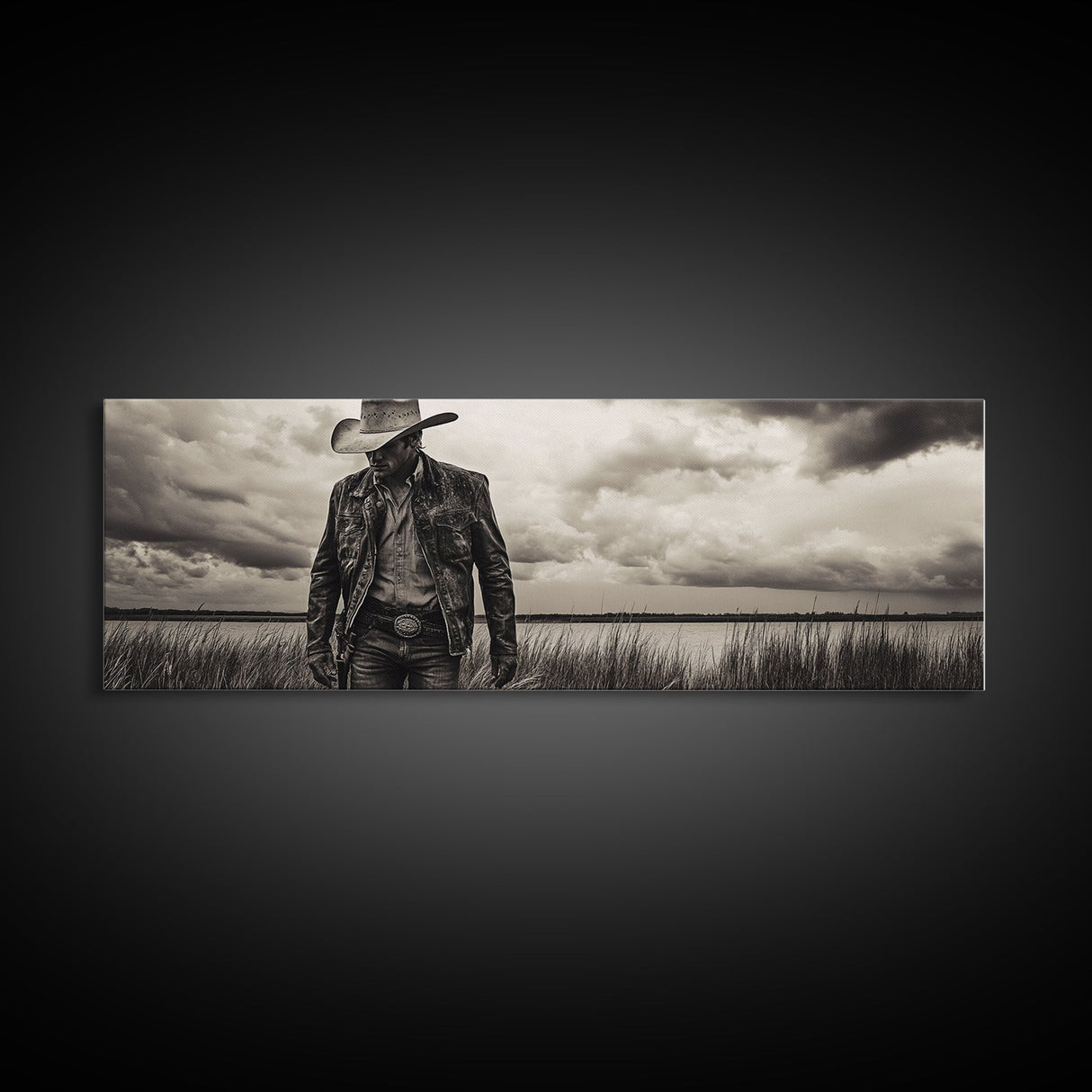 Cowboy Portrait, rustic wall art, moody art, black cowgirl painting, wabi sabi art, western decor, framed canvas print, extra wide art