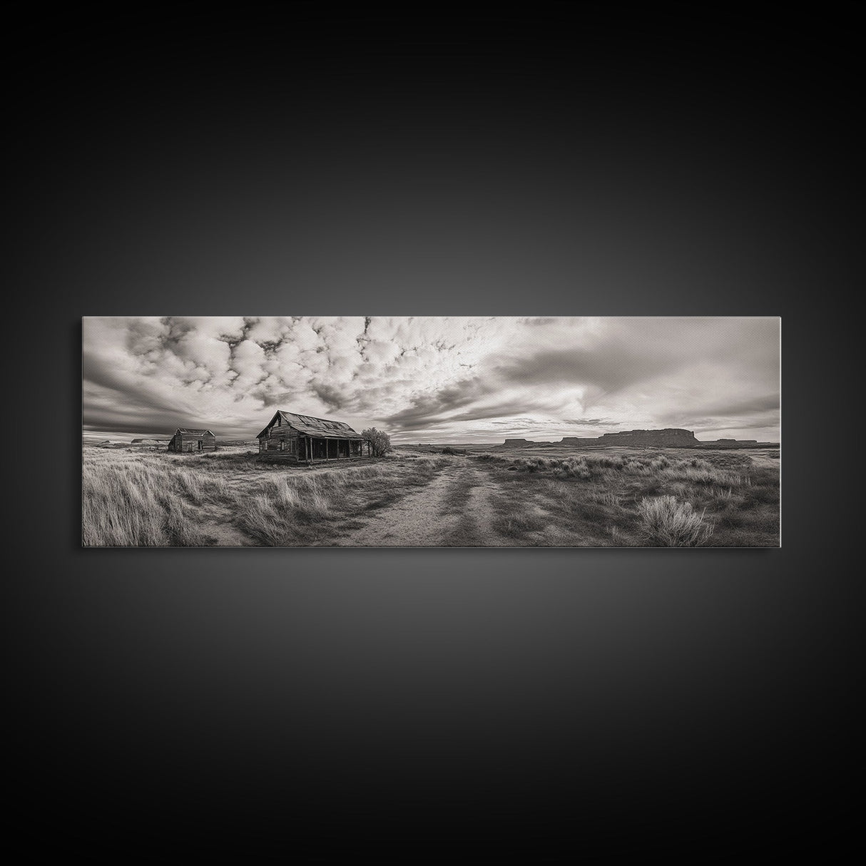 Abandoned cabin, western landscape, rustic wall art, panoramic art, extra wide art, southwest wall art, framed canvas print, farmhouse decor