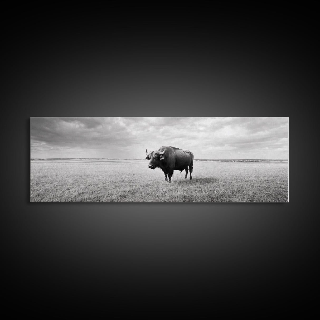 Lone buffalo, western landscape, rustic wall art, panoramic art, extra wide art, farmhouse decor, framed canvas print, wildlife painting, bull and bear art
