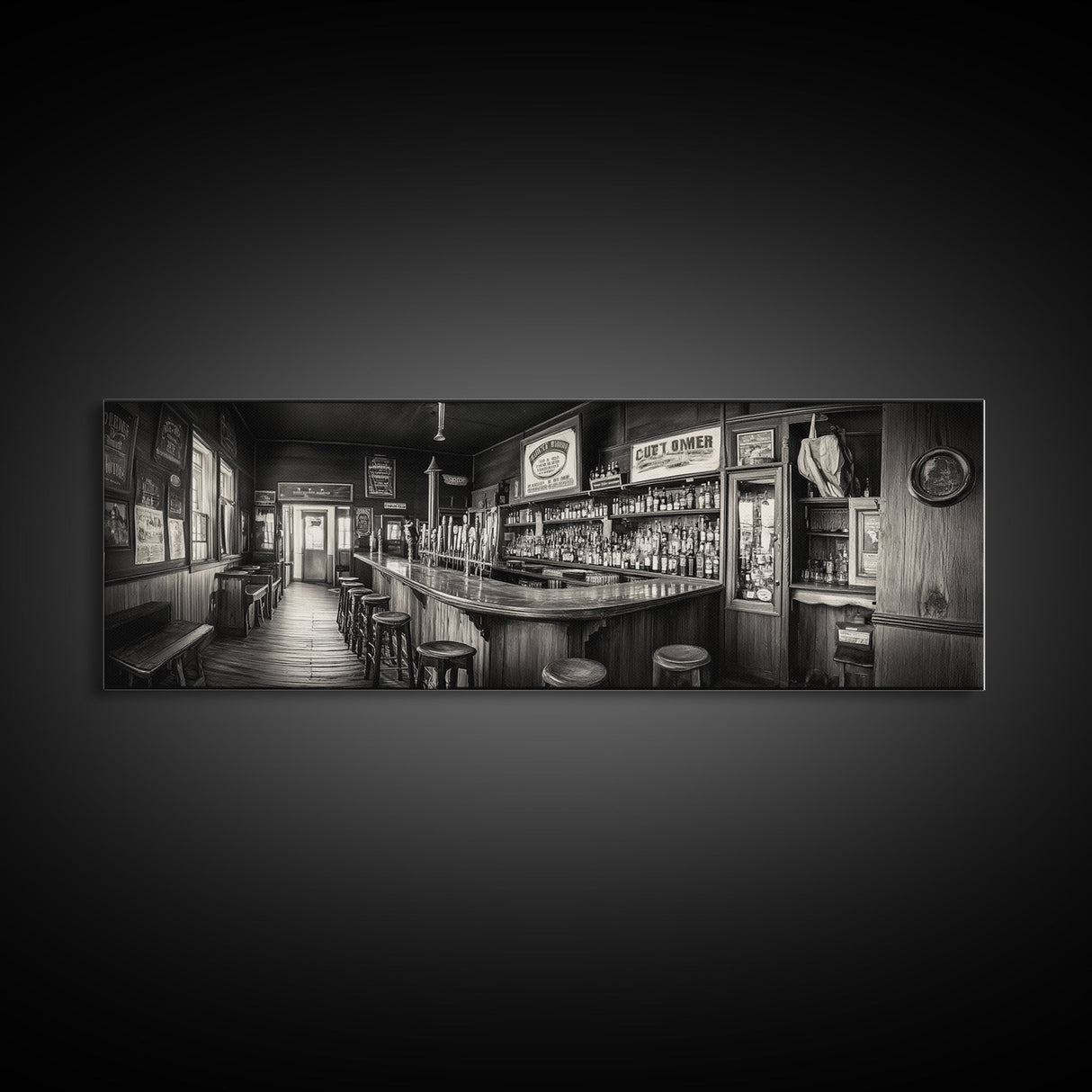 Western Saloon, rustic wall art, extra wide art, panoramic art, farmhouse art, bar decor, moody art, framed canvas print, above sofa art