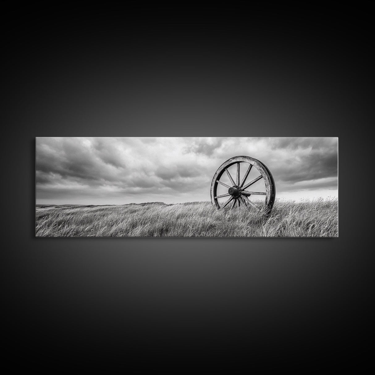 Wagon Wheel, rustic decor, farmhouse art, extra wide art, panoramic painting, country decor, cowboy art, framed canvas print, moody art
