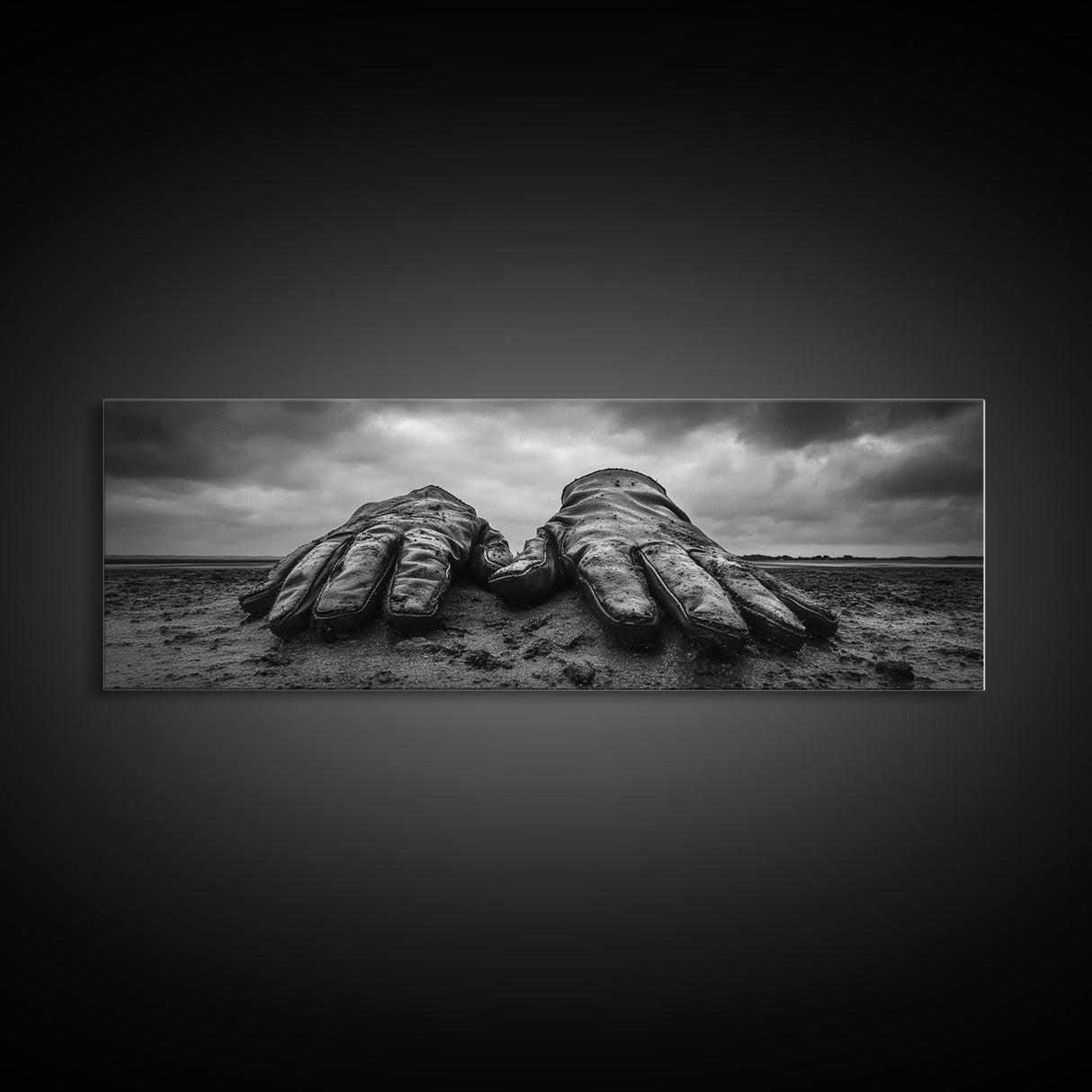 Leather Work Gloves, rustic wall art, moody art, wabi sabi art, extra wide art, panoramic art, farmhouse art, framed canvas print, cowboy art