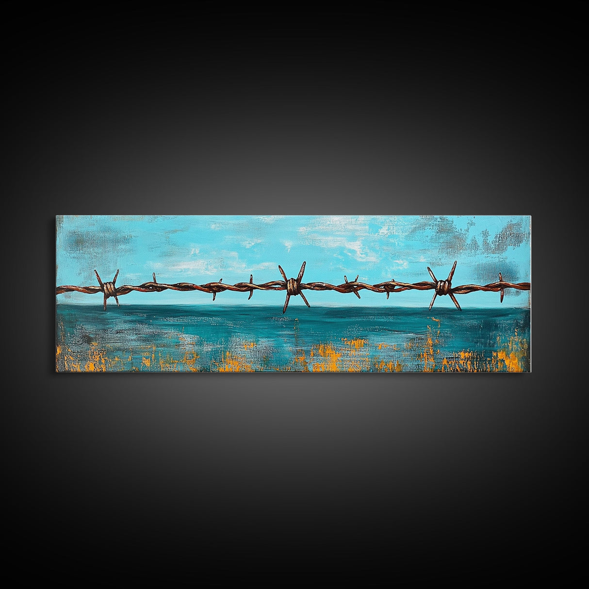 Barbed Wire Ocean, coastal decor, rustic art, farmhouse painting, minimalist painting, extra wide art, framed canvas print, moody art