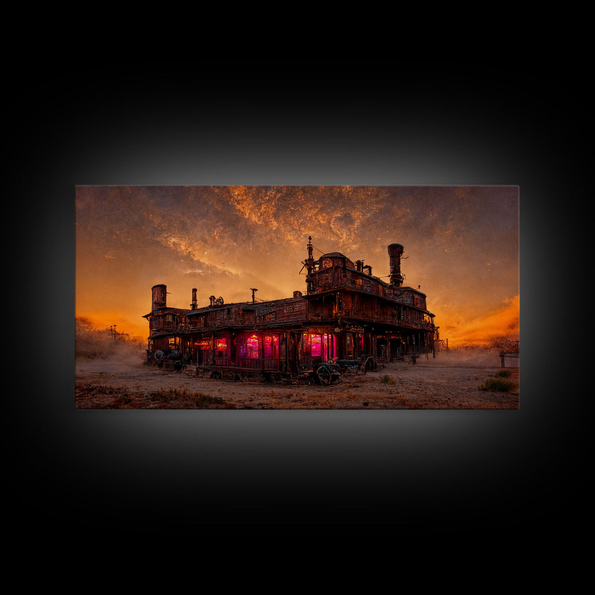 Dystopian steampunk wild west mashup, abandoned wild west saloon art, canvas print, ready to hang wall art