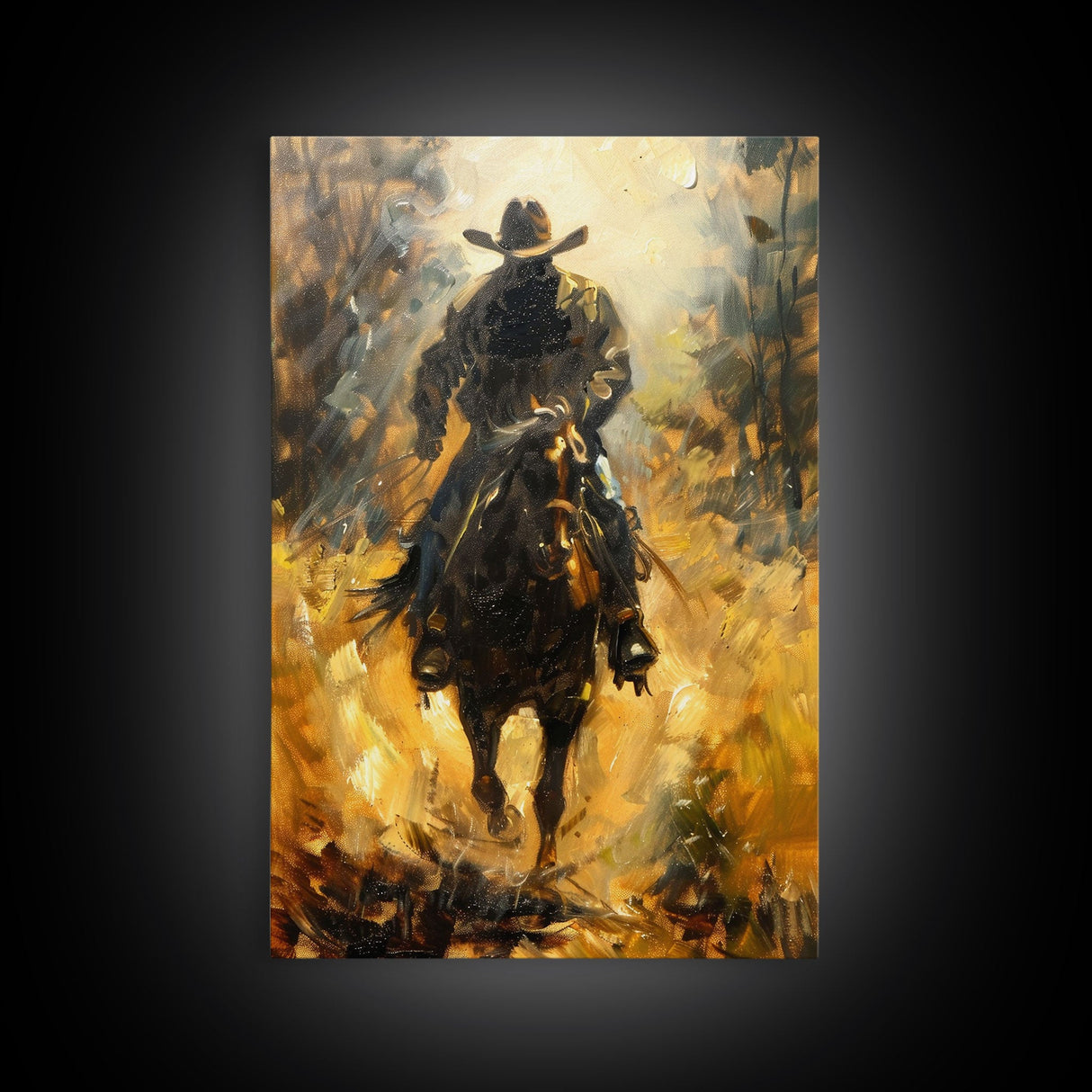 Cowboy Riding Horse into the Distance - Framed Canvas Print, Western Art, Rustic Decor, Living Room Wall Art, Cowboy Themed Art