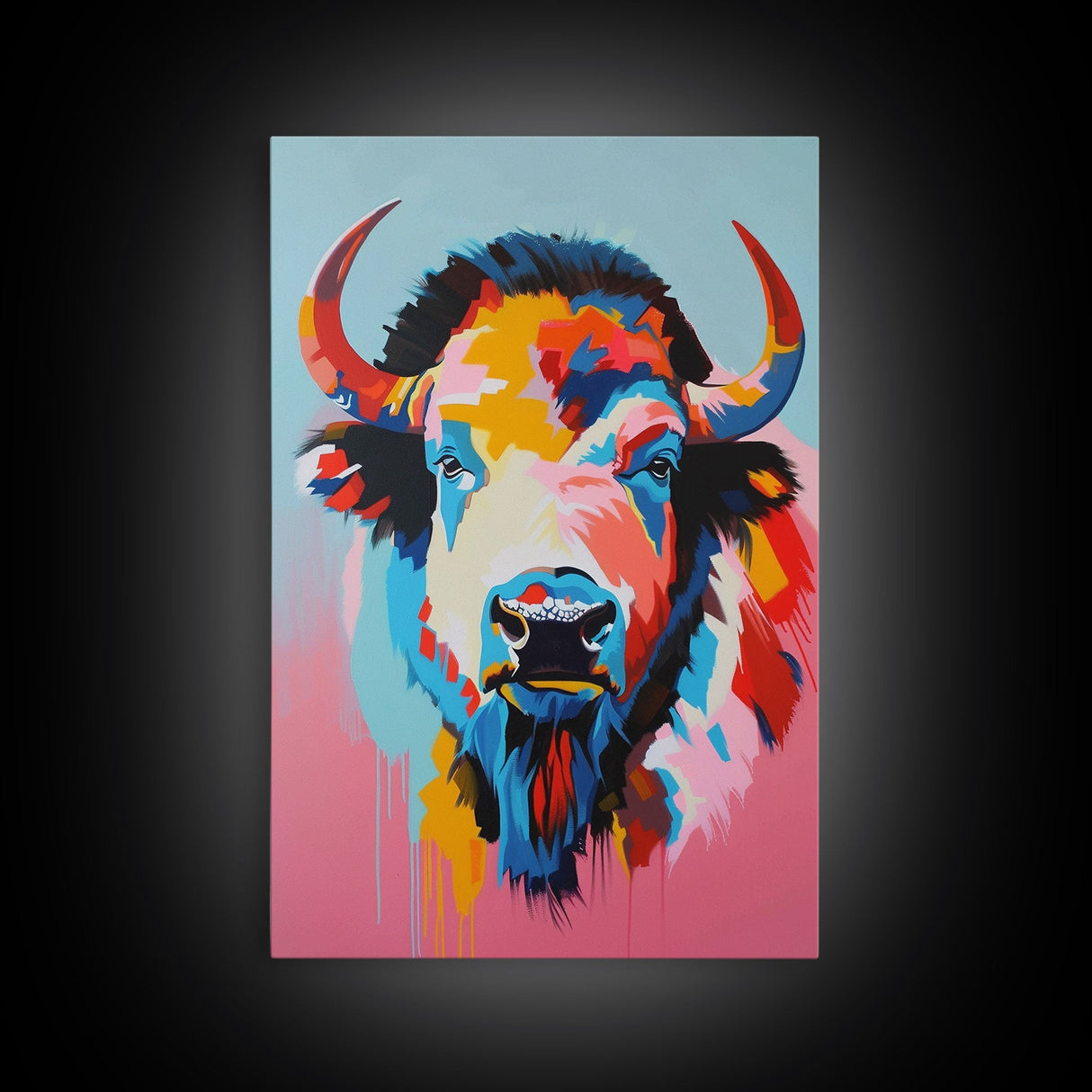 Colorful Bison Head in Pop Art Style - Framed Canvas Print, Animal Decor, Bison Art for Bedroom, Vibrant Wall Art for Living Room