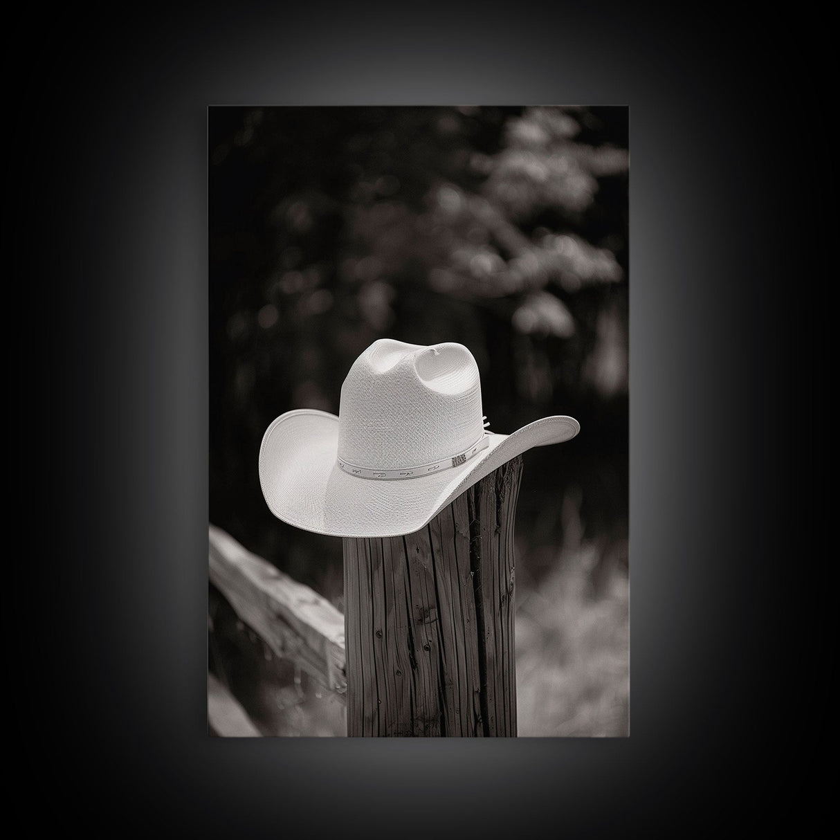 Cowboy Hat on a Wooden Fence Post in Rustic Black and White Photography for Western Home Decor, Canvas Prints, Wall Art for Living Room