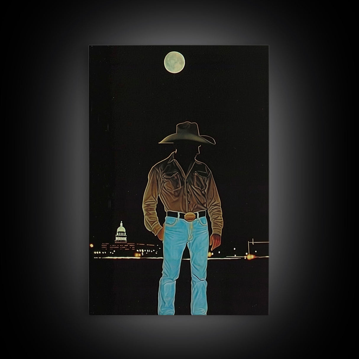 Cowboy Under the Moon Print - Framed Canvas Wall Art, Rustic Western Decor, Nighttime Cowboy Artwork for Living Room, Western Night Sky