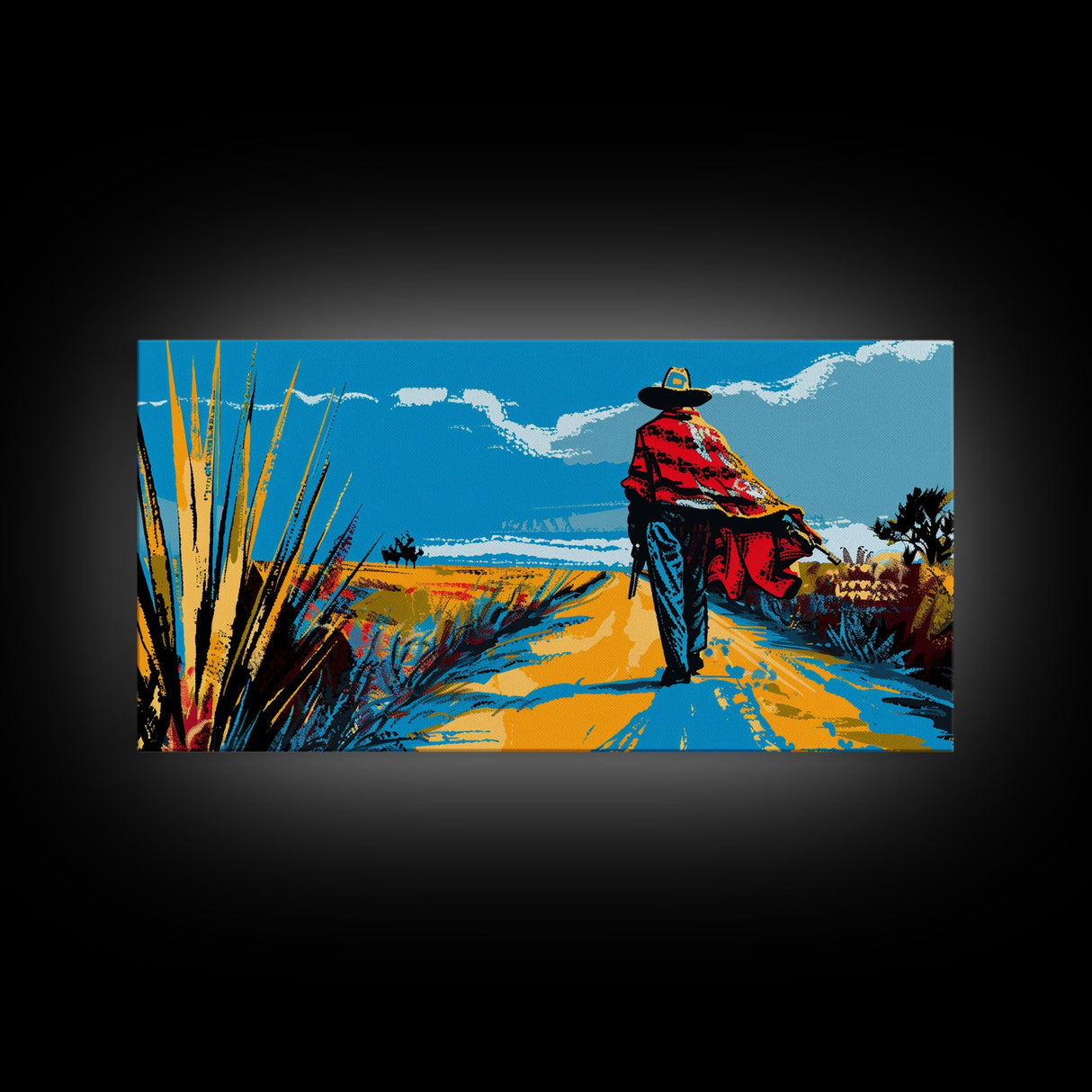 Cowboy Walking Down Desert Road, Perfect Minimalist Art, Framed Canvas Print, Boho Living Room Decor, Western Home Decoration