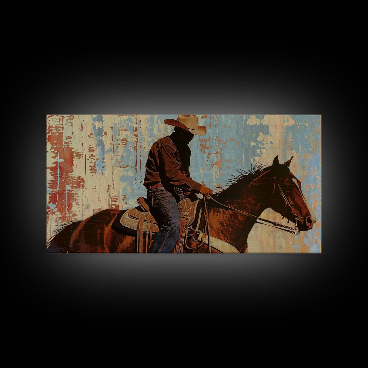 Cowboy Riding Horse in Abstract Style, Perfect Bedroom Art, Framed Canvas Print, Rustic Living Room Decor, Modern Home Decoration