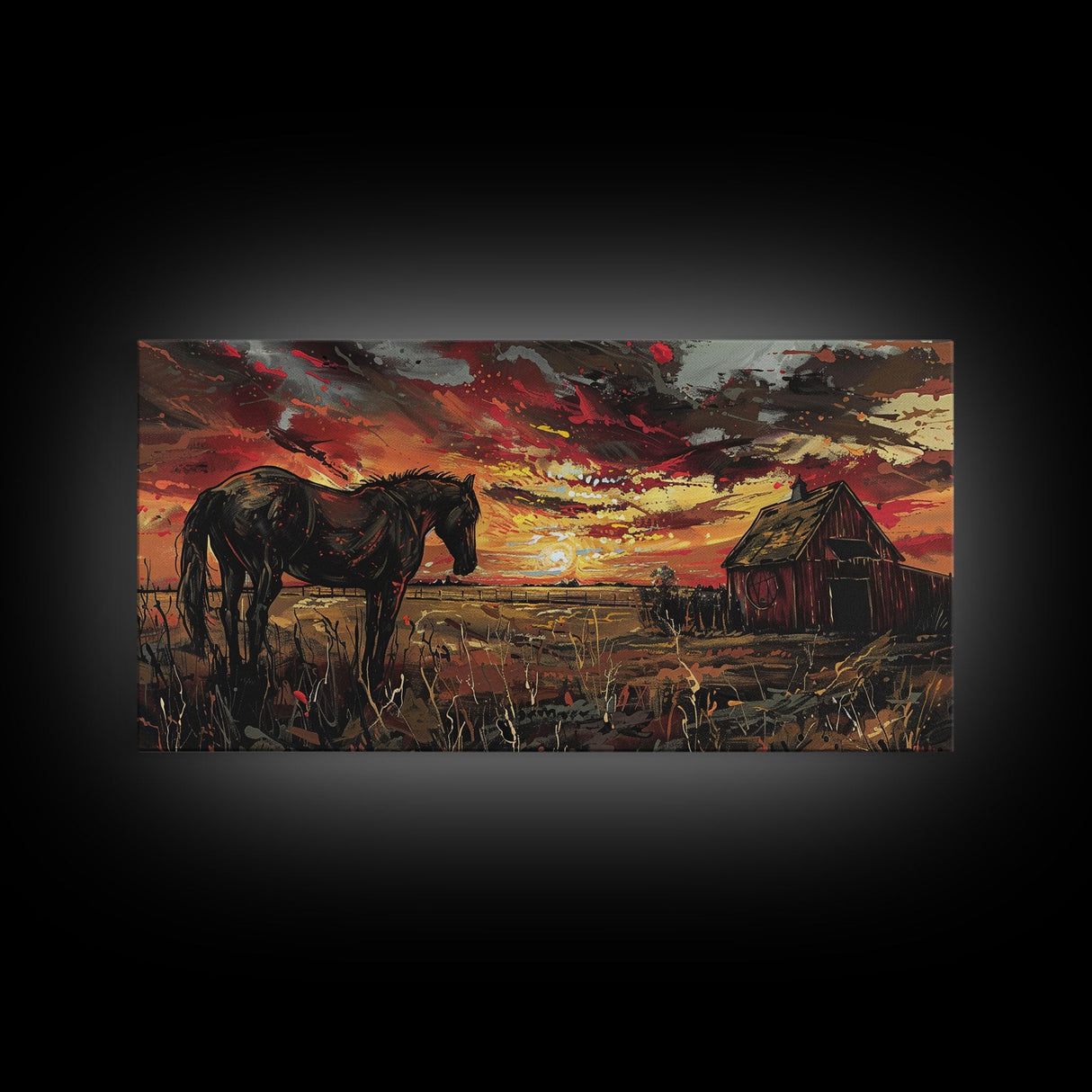 Dark Horse at Sunset with Barn, Stunning Abstract Art, Framed Canvas Print, Boho Wall Art, Bedroom Decor, Unique Home Decoration