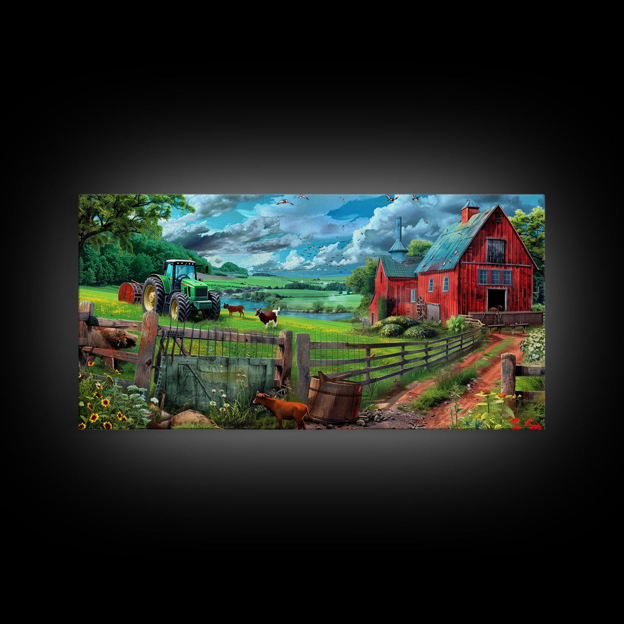 Green Tractor and Red Barn with Farm Animals, Vibrant Rural Art, Framed Canvas Print, Country Wall Decor, Living Room Decoration
