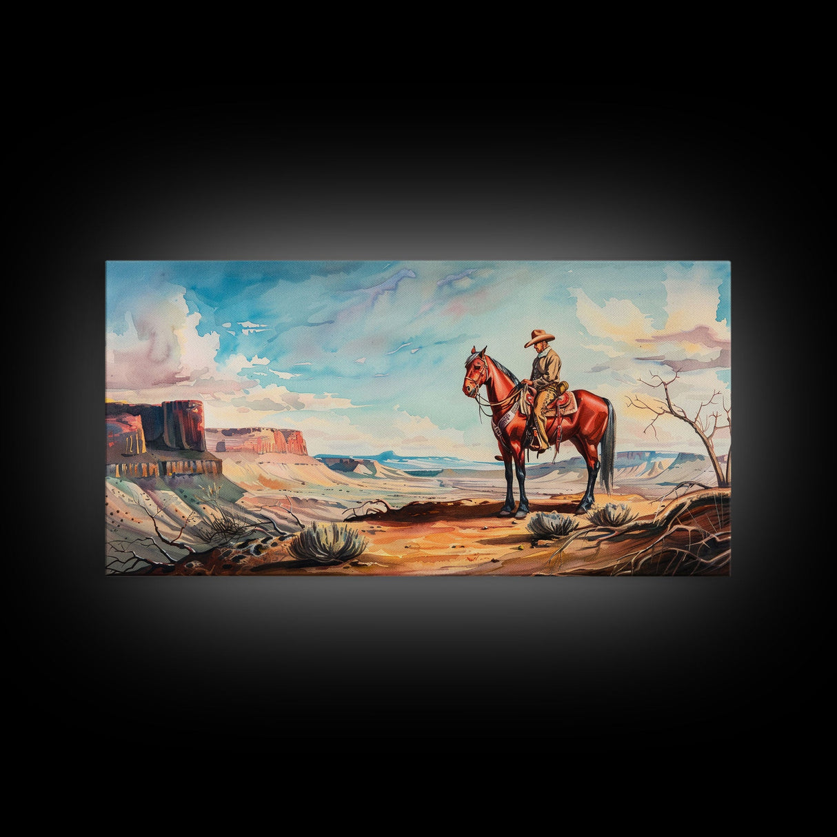 Cowboy on Horse Overlooking Canyon, Majestic Western Art, Framed Canvas Print, Boho Wall Art, Living Room Decor, Home Decoration
